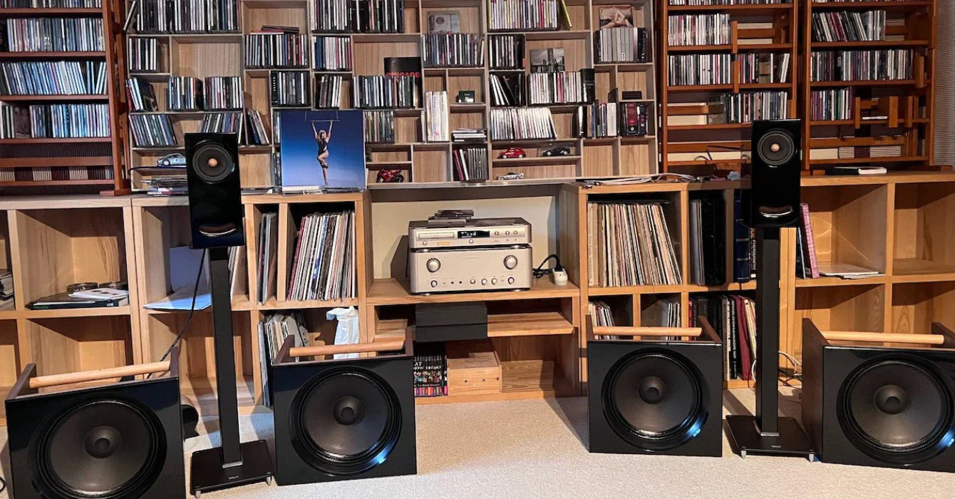 Loudspeakers in a listening room with a record-filled bookshelf in the background