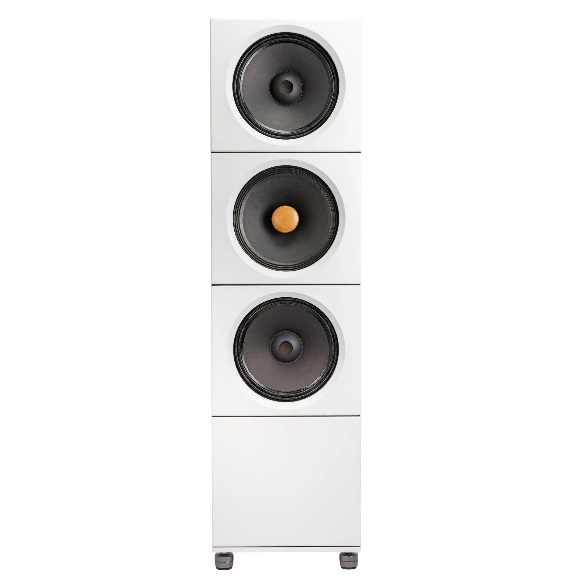 White Closer Acoustics BLOCKS speaker system with 2x BOB bass modules, OKHO full-range monitor, and BLANK stand – front view