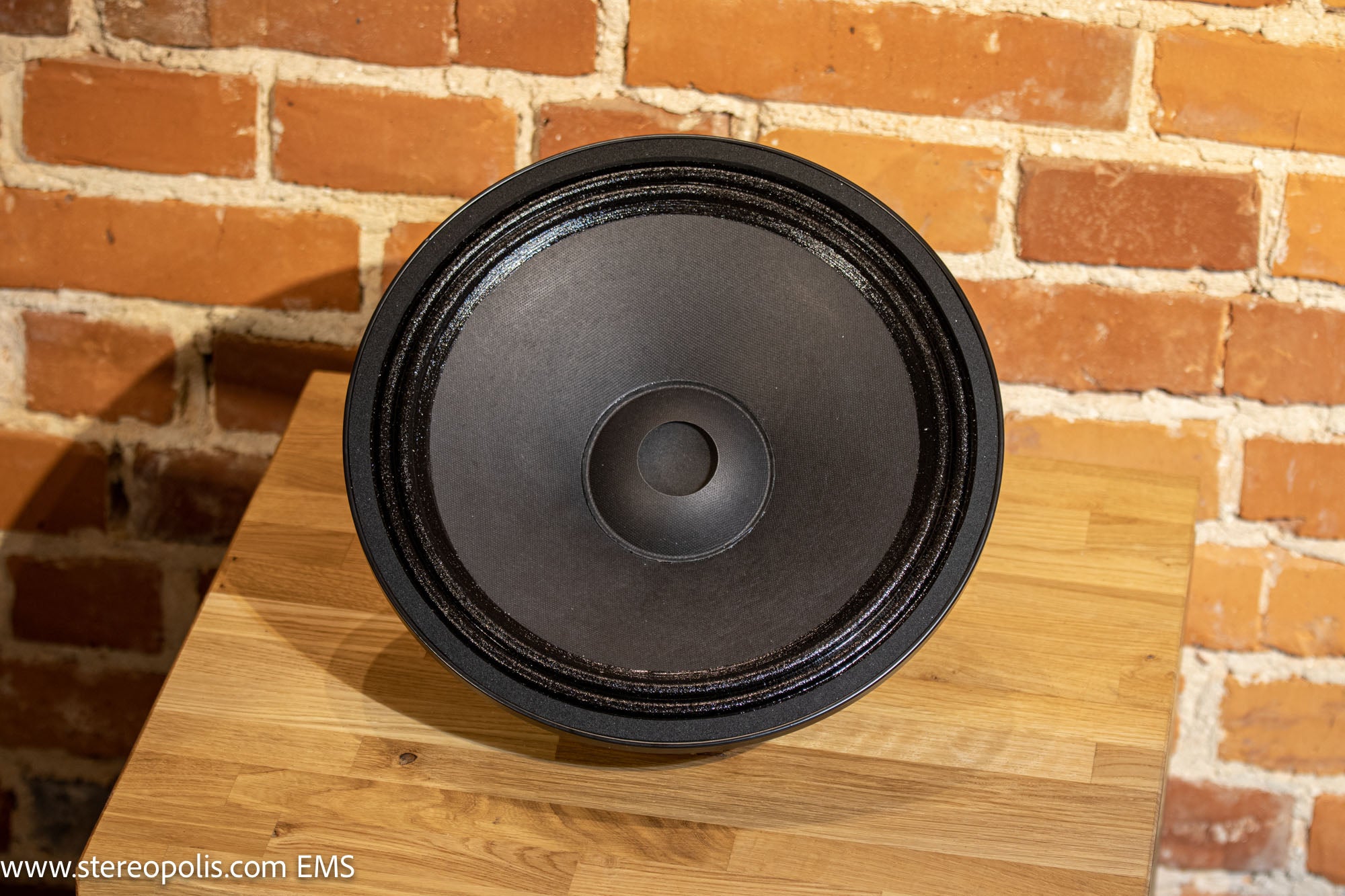 Front view from above of EMS B12 OB (No1214) bass driver 8 Ohm, offering a clear perspective of the speaker&