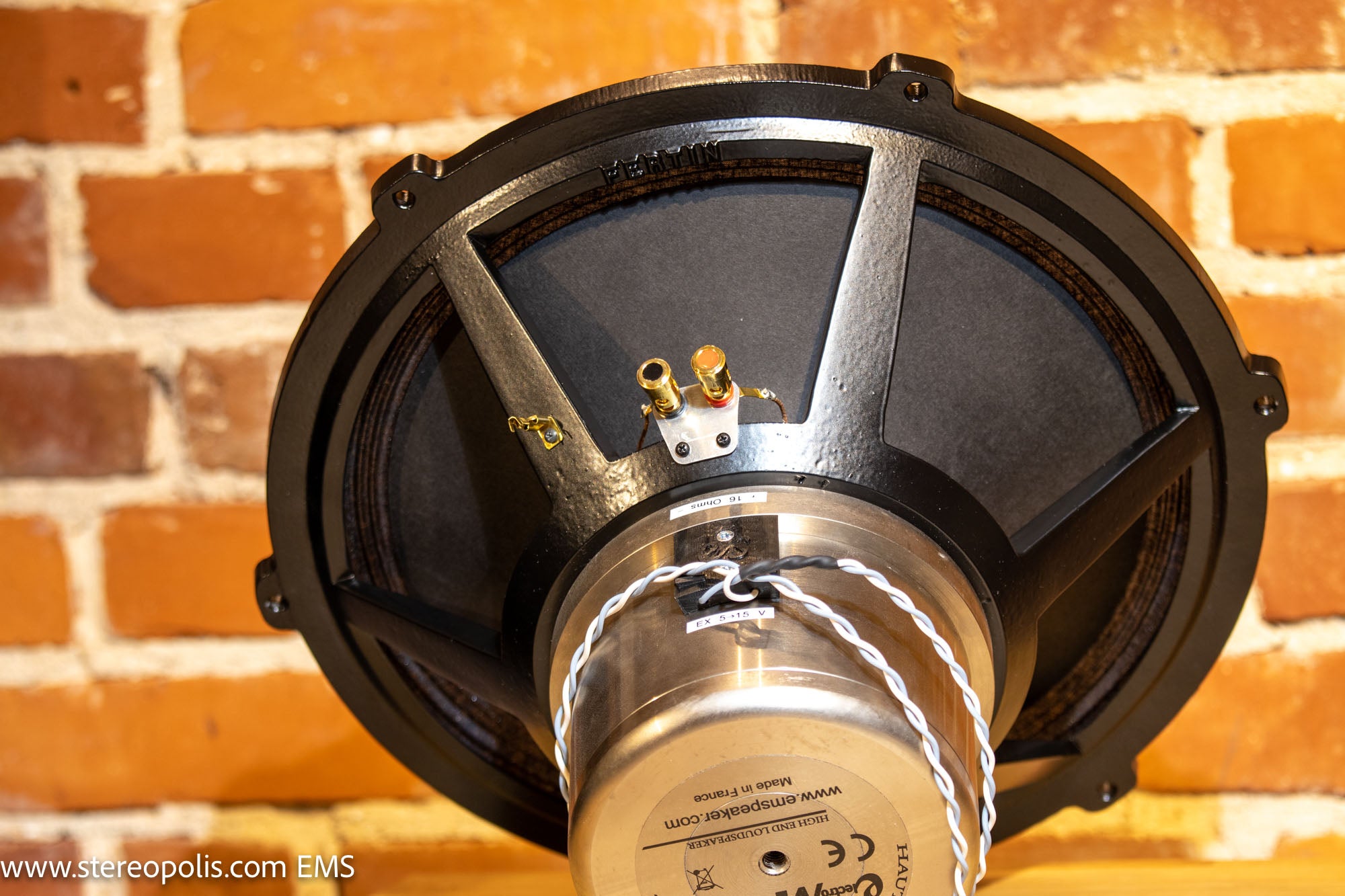 Close-up of the rear view of EMS B15 EX MKII bass driver, highlighting its technical components and rear panel connectors for efficient integration into audio systems