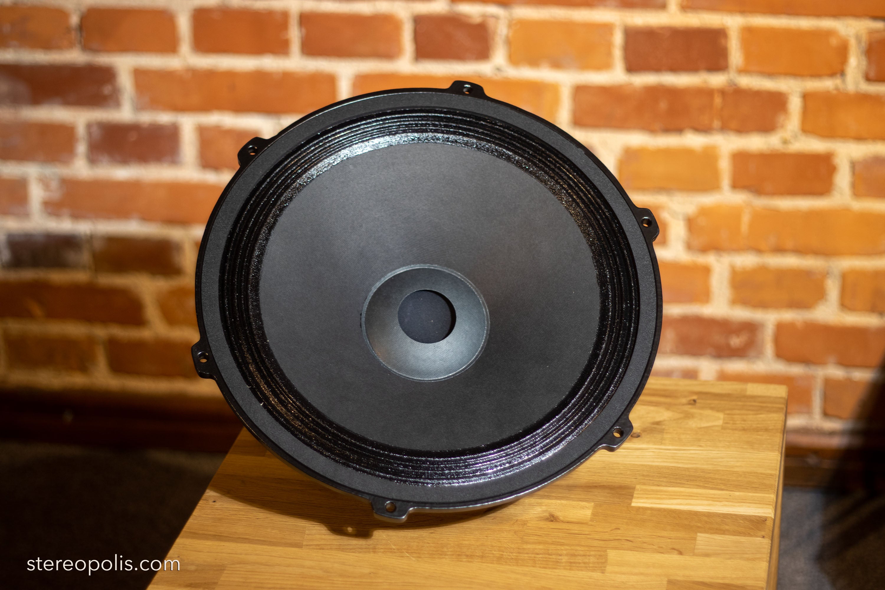 EMS B15 MK II bass drivers placed against a brick wall, emphasizing their premium design and rugged construction for powerful bass output in any environment