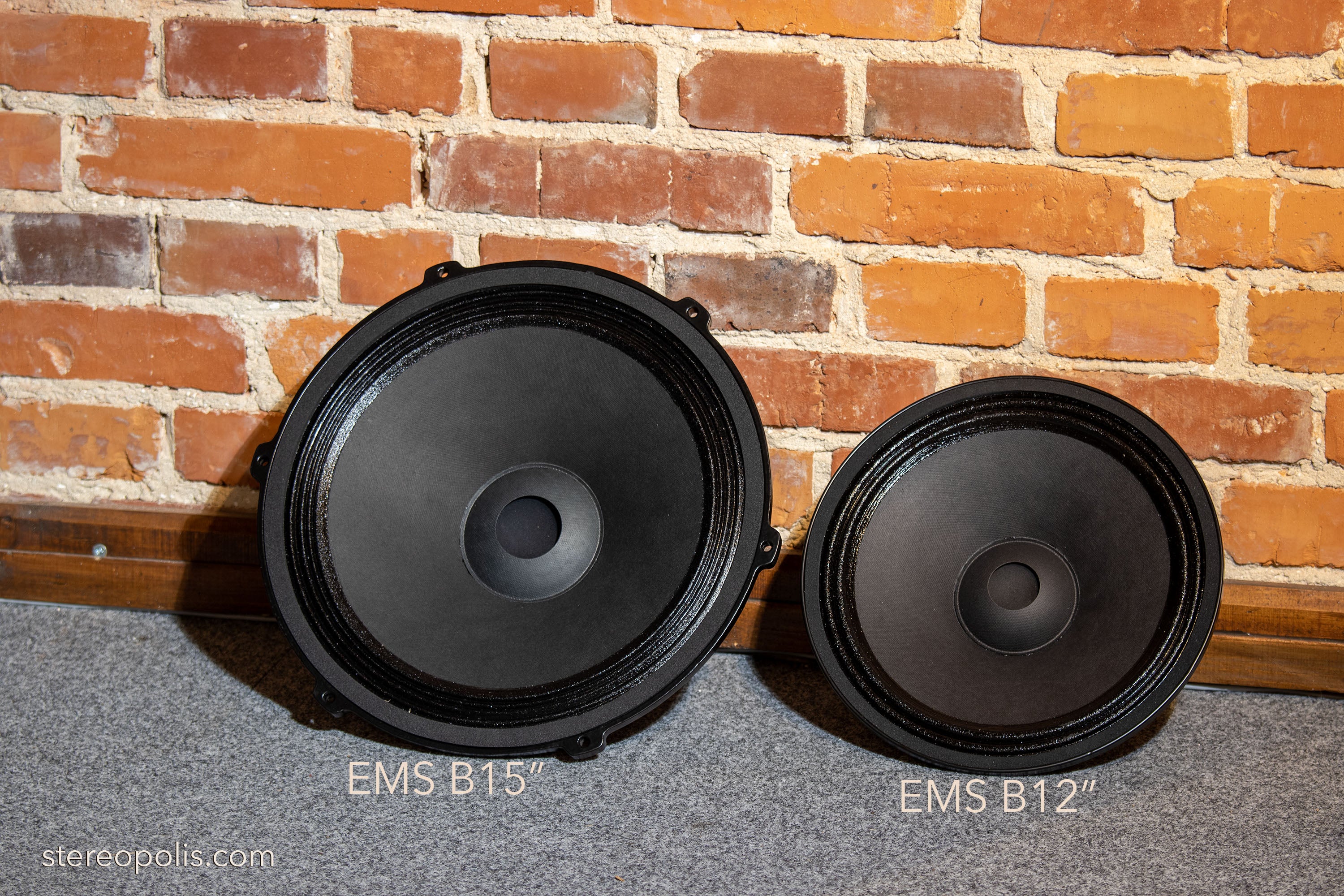 Front view of EMS B15 MK II bass drivers with protective pad, emphasizing their solid build and high-quality components for clear, powerful bass