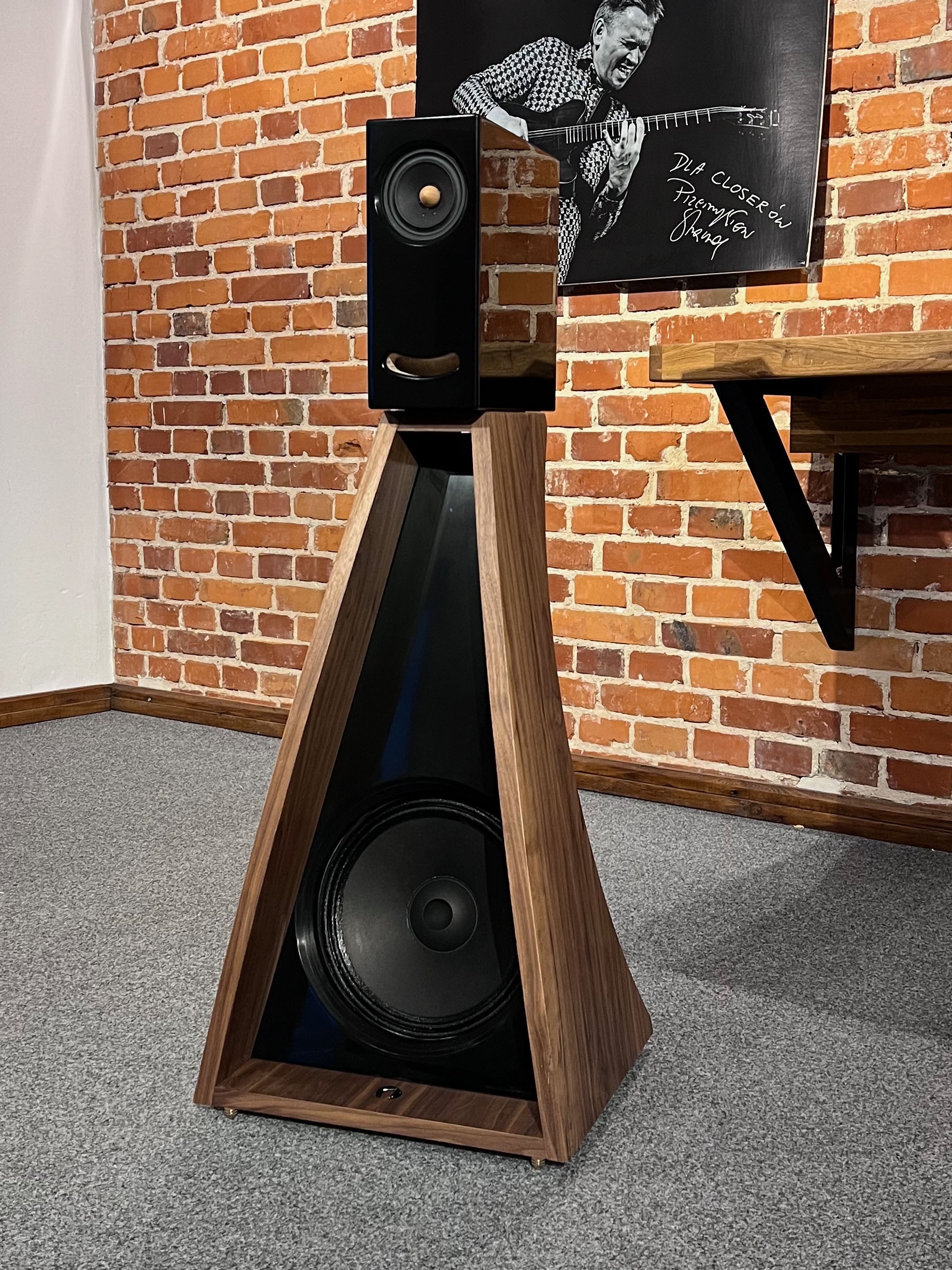 The Full OGY Loudspeaker Set – Pair in American walnut finish, positioned in a listening room to highlight the speakers&