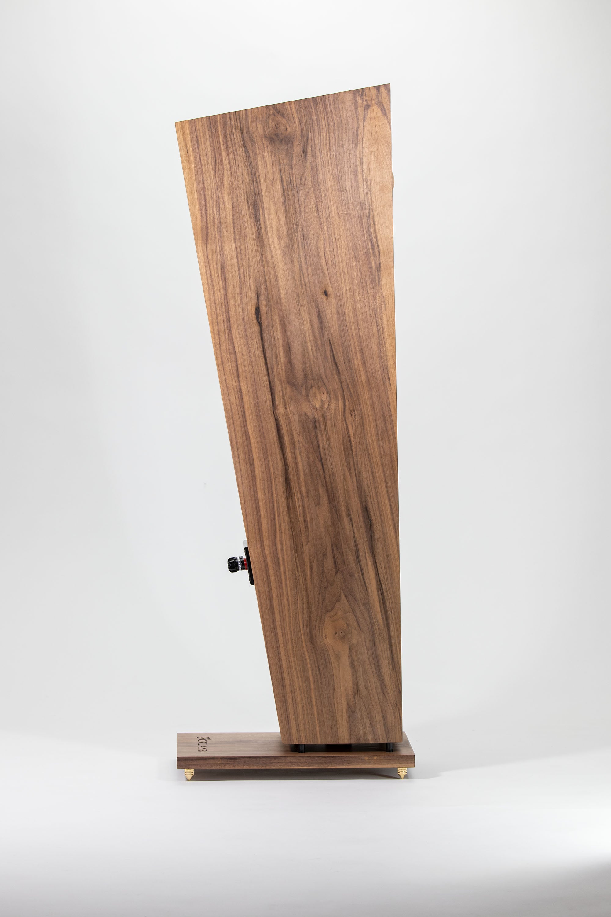 Closer Acoustics Forlane full range speaker with walnut veneer finish, showcasing unique angle and craftsmanship.