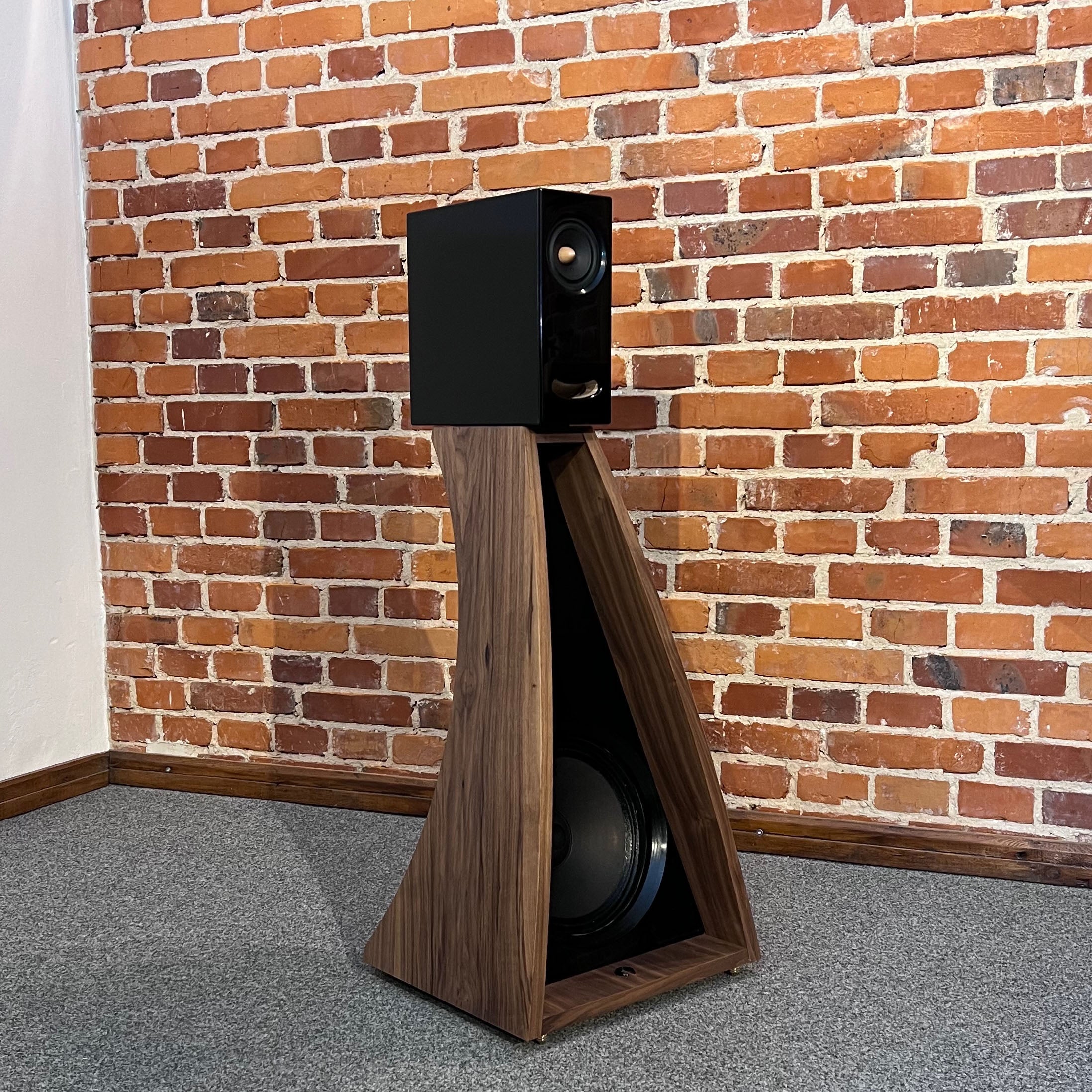 Overall view of the Closer Acoustics The Full OGY Loudspeaker Set – Pair in American walnut finish, positioned to offer a complete look at the stylish and premium audio system.
