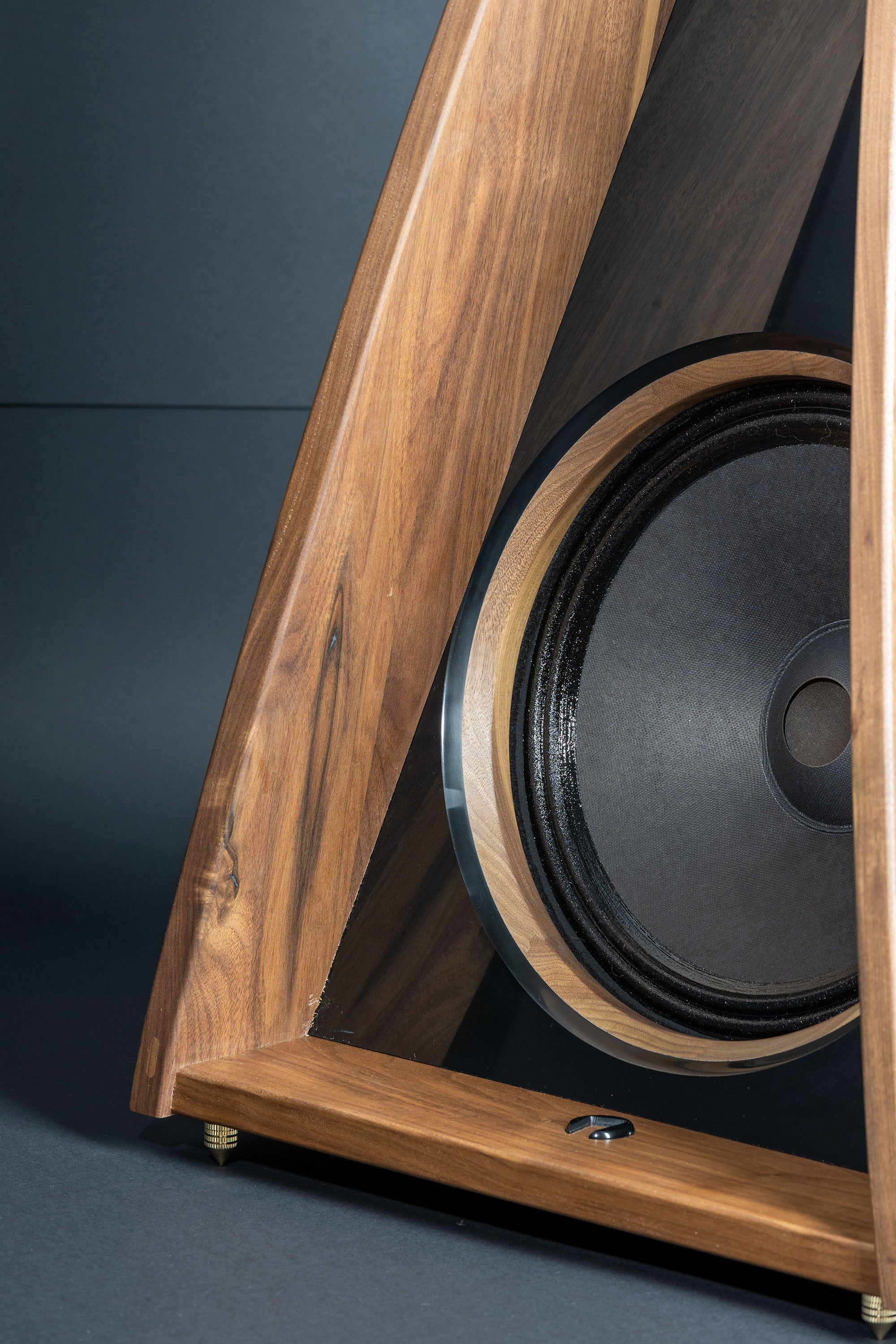 Close-up of the premium walnut veneer texture on the OGY Bass speaker.