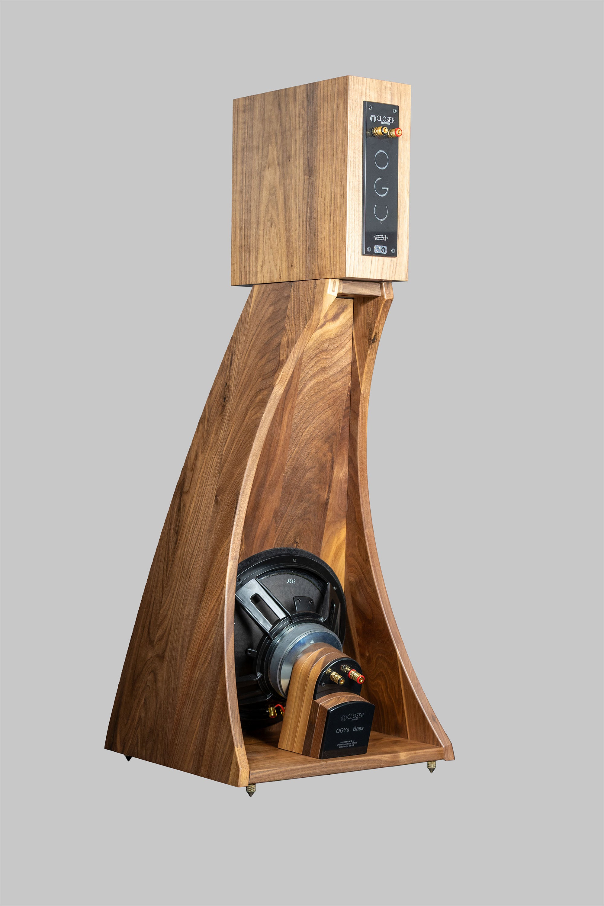 Back view of the OGY Bass speaker highlighting smooth finish and craftsmanship.