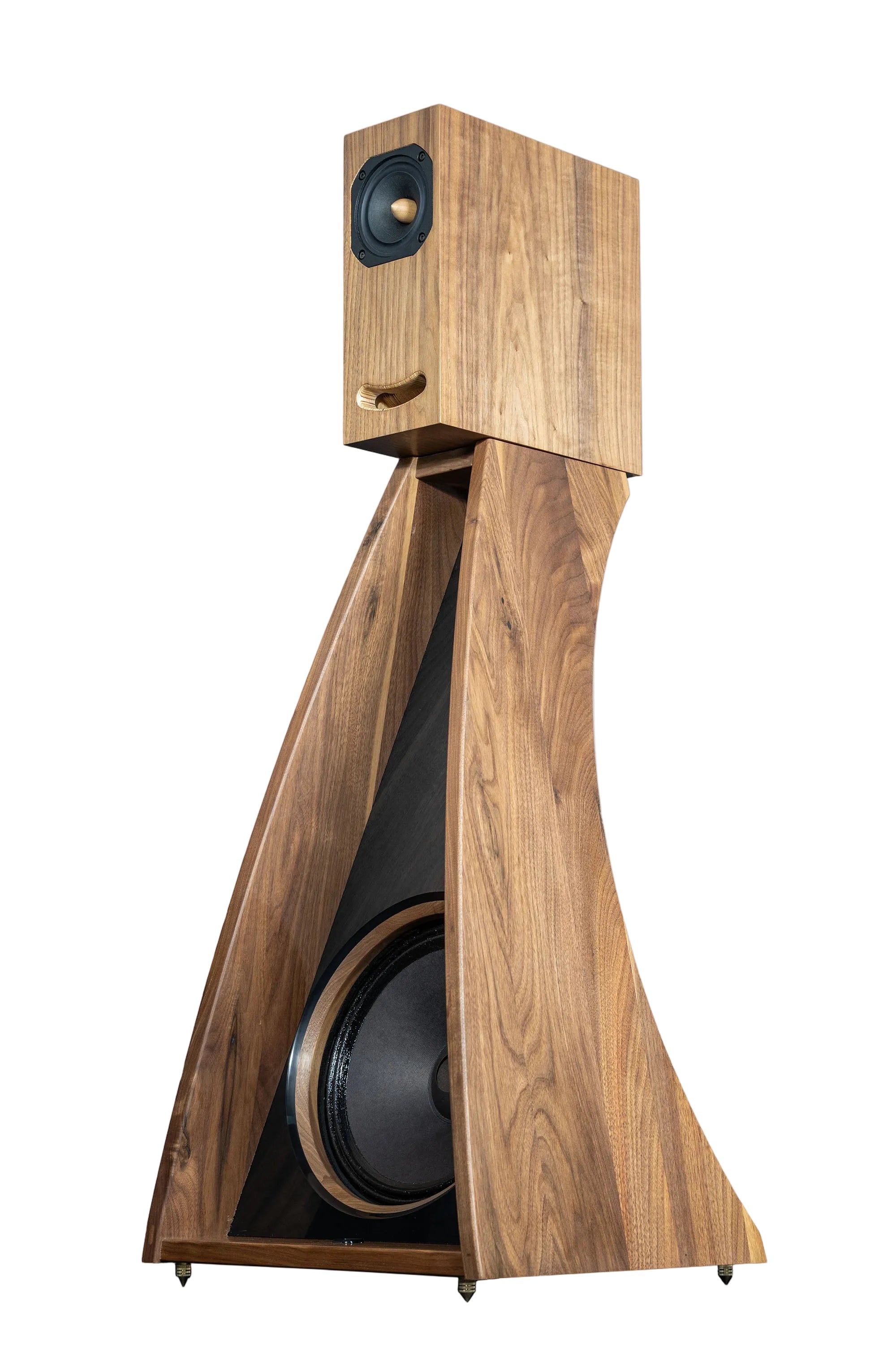 Angled view of the OGY Bass Artisan Series speaker showing both walnut body and Corian front.