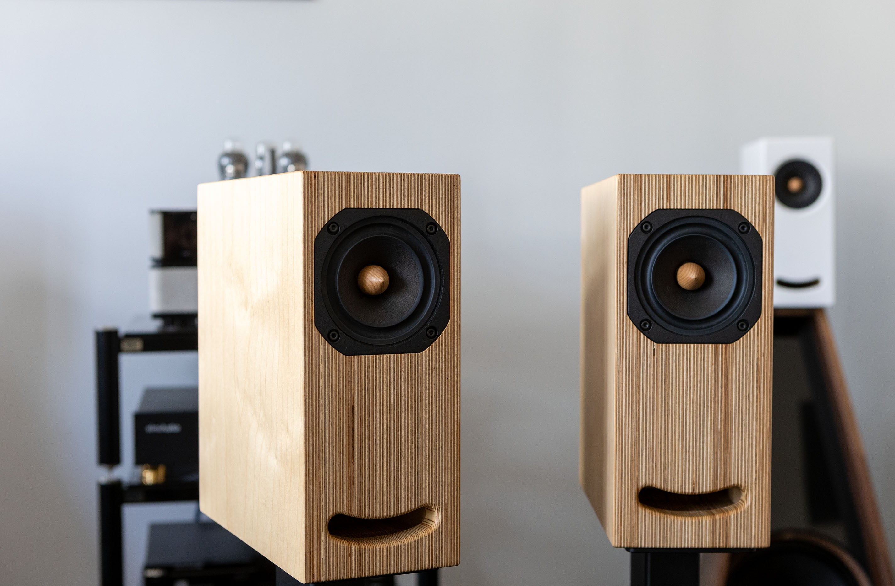 Nearly New - OGY bookshelf loudspeakers -pair- birch plywood finish