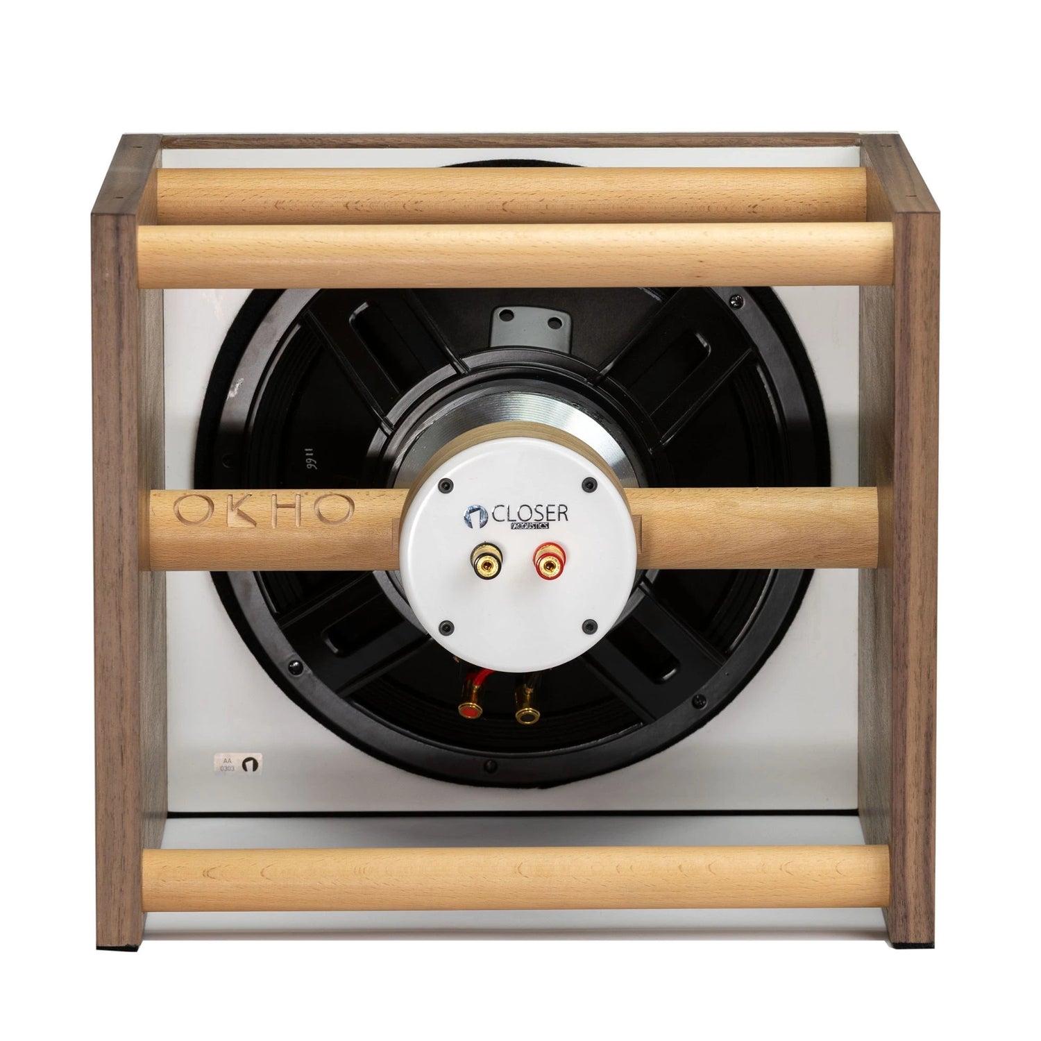 Closer Acoustics OKHO white speaker – rear view showing the clean, functional design with durable construction and premium connectors