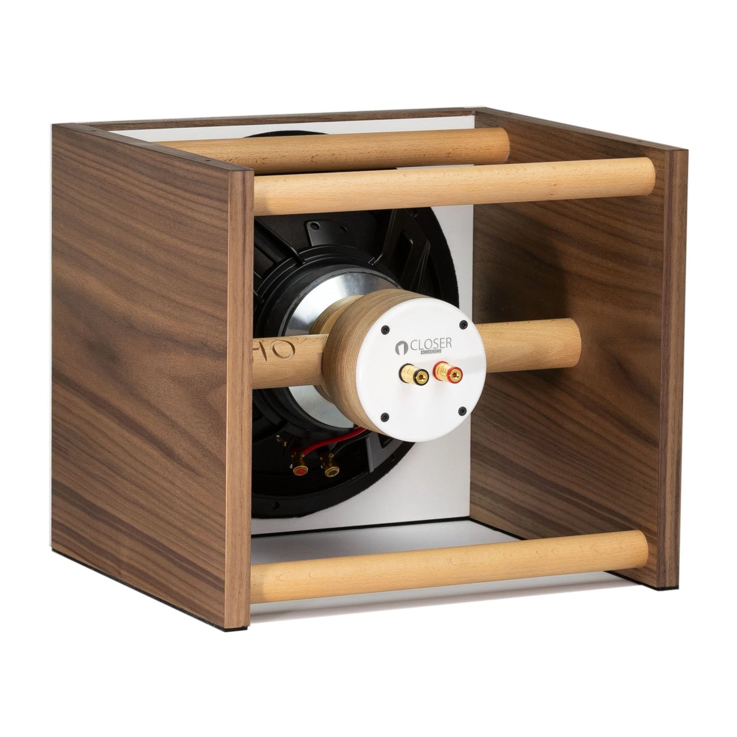 Closer Acoustics OKHO speaker in white – rear panel close-up, featuring high-quality material and connectors for optimal audio performance