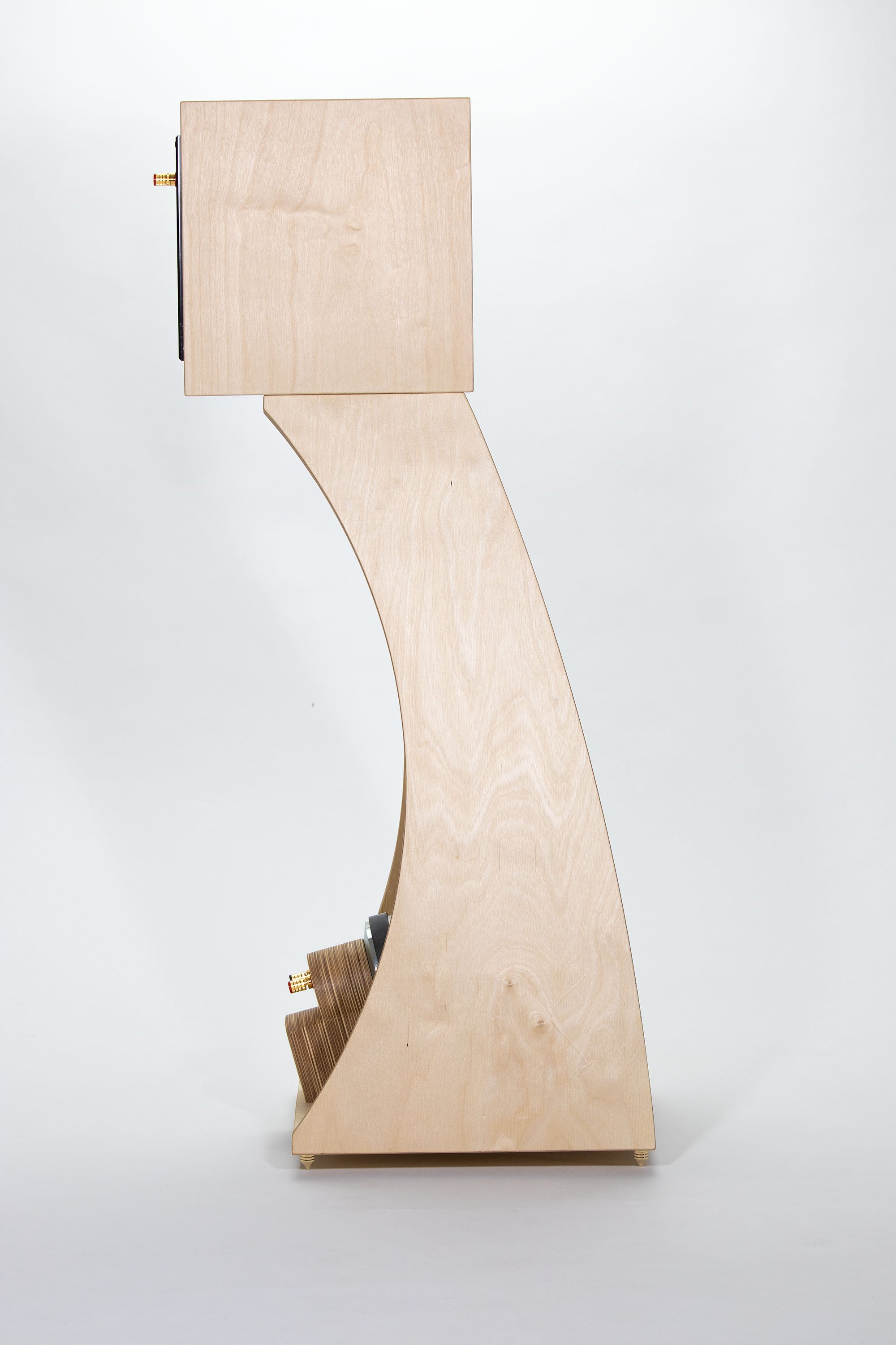 Closer Acoustics The Full OGY Bass module with birch plywood finish, showcasing elegant design and craftsmanship.