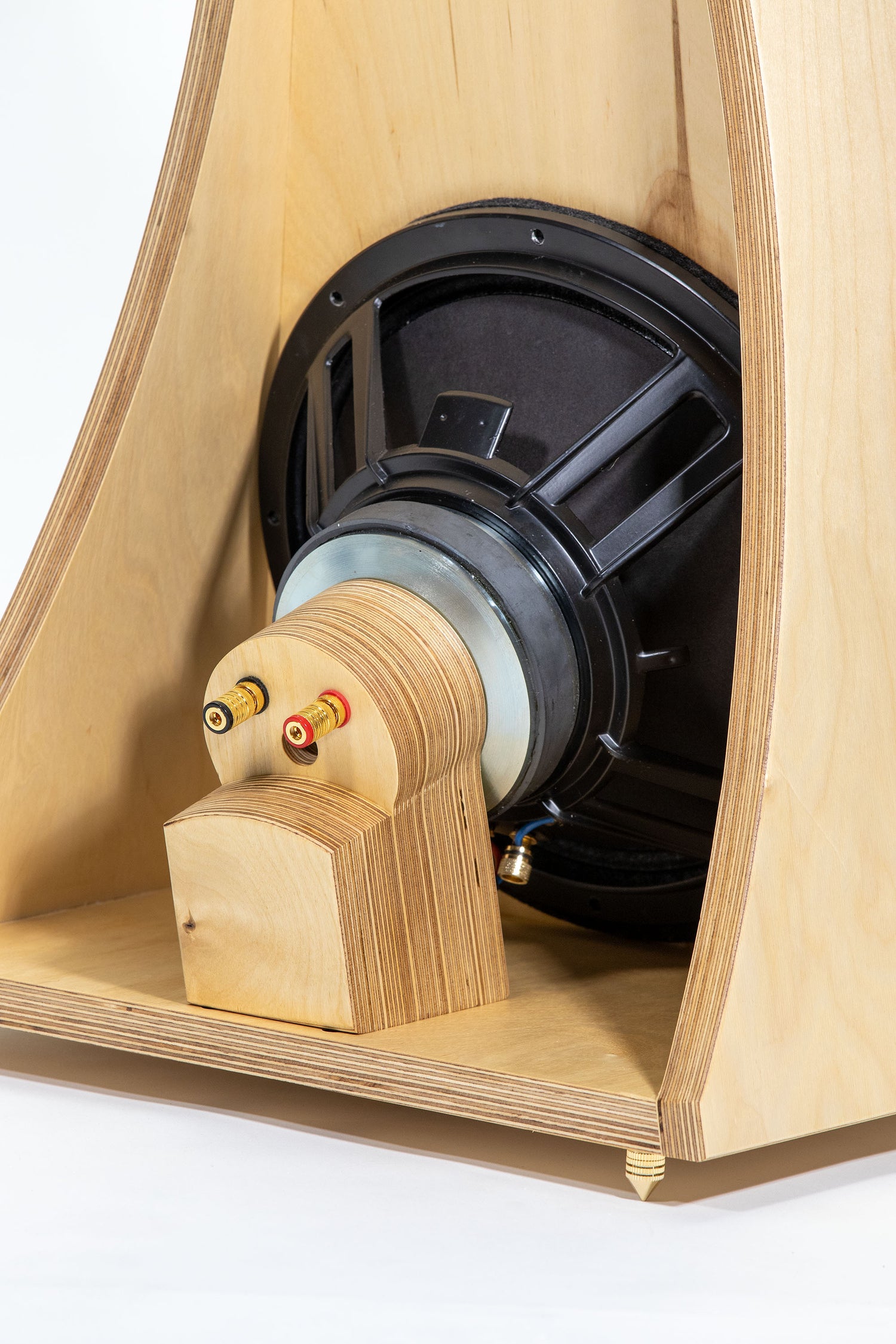 Closer Acoustics OGYs Bass module showcasing internal bass woofer and birch plywood enclosure.
