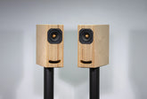 Closer Acoustics OGY bookshelf speakers in natural plywood on black stands, designed for a modern home audio setup with high-end sound