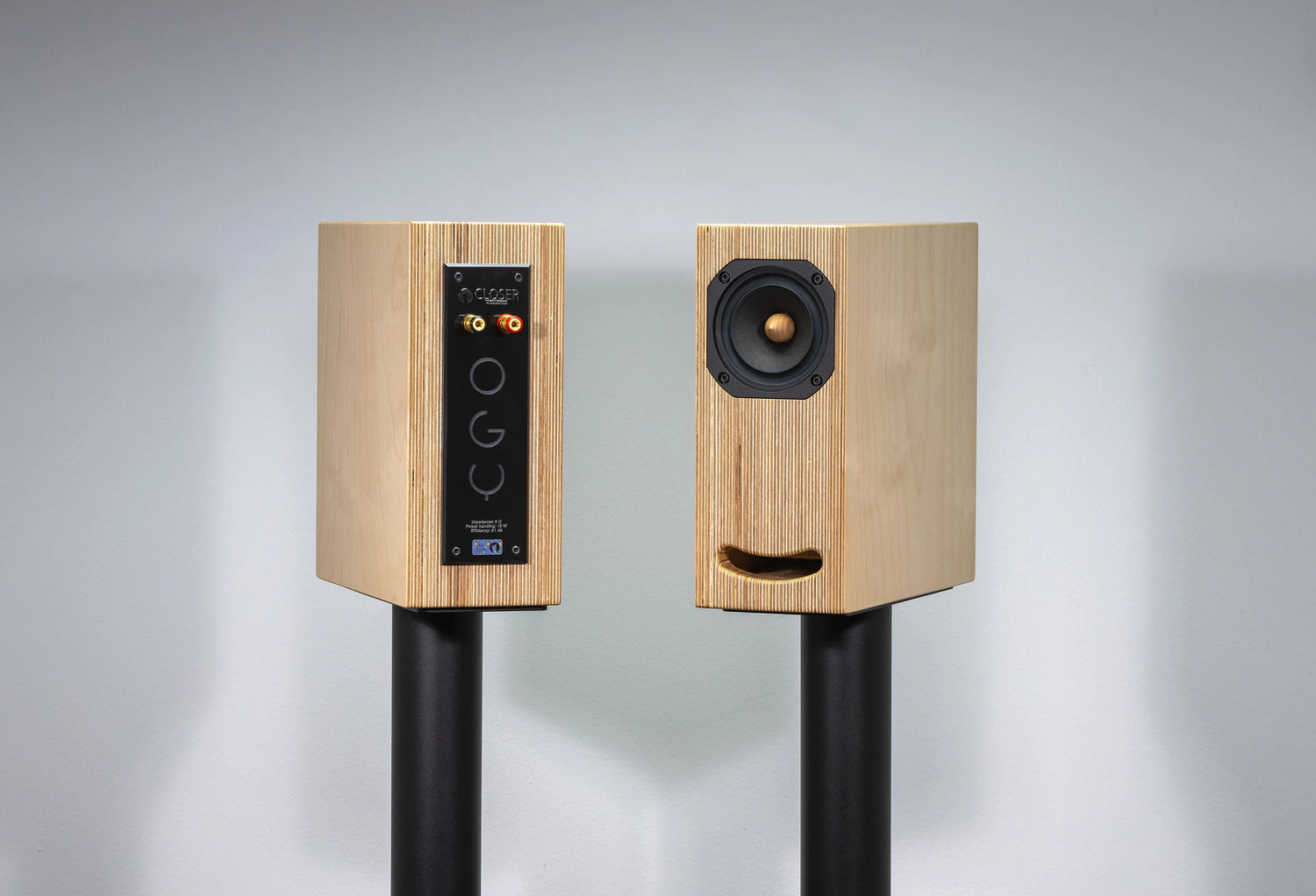 Closer Acoustics OGY natural plywood loudspeaker detailed rear view – showcasing clean design with high-quality connectors and durable construction