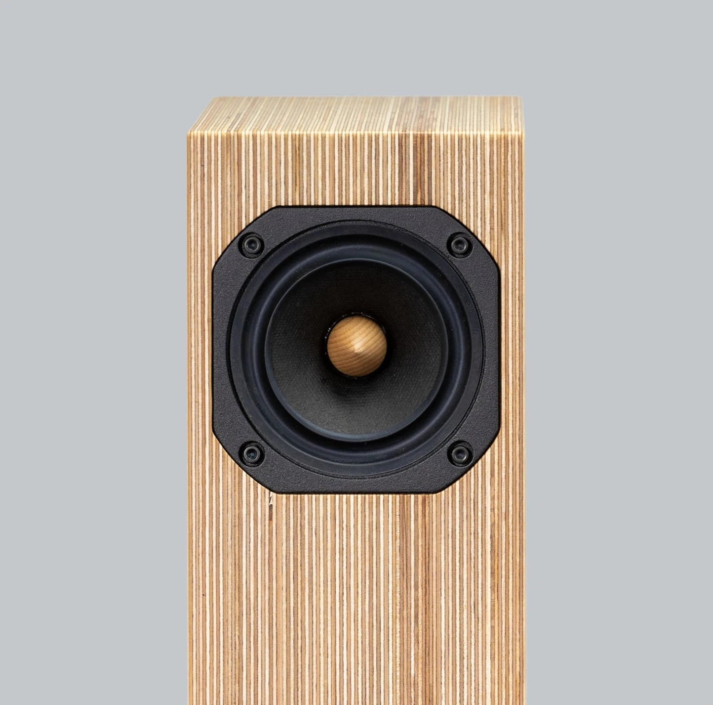 Closer Acoustics OGY natural plywood loudspeaker front detail – featuring smooth, minimalist design and high-end craftsmanship for audiophile sound