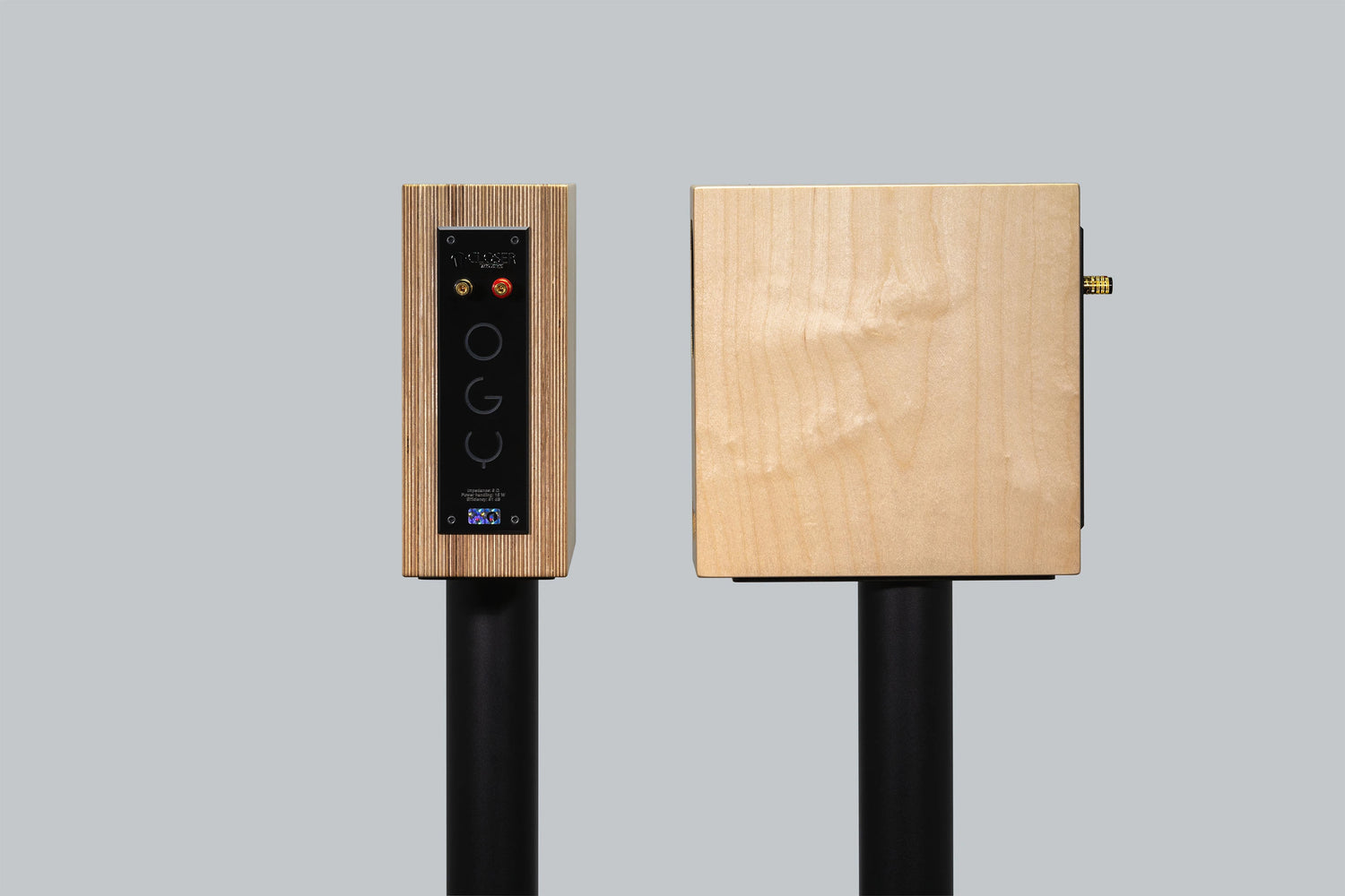 Closer Acoustics OGY natural plywood loudspeaker detailed rear view – showcasing clean design with high-quality connectors and durable construction