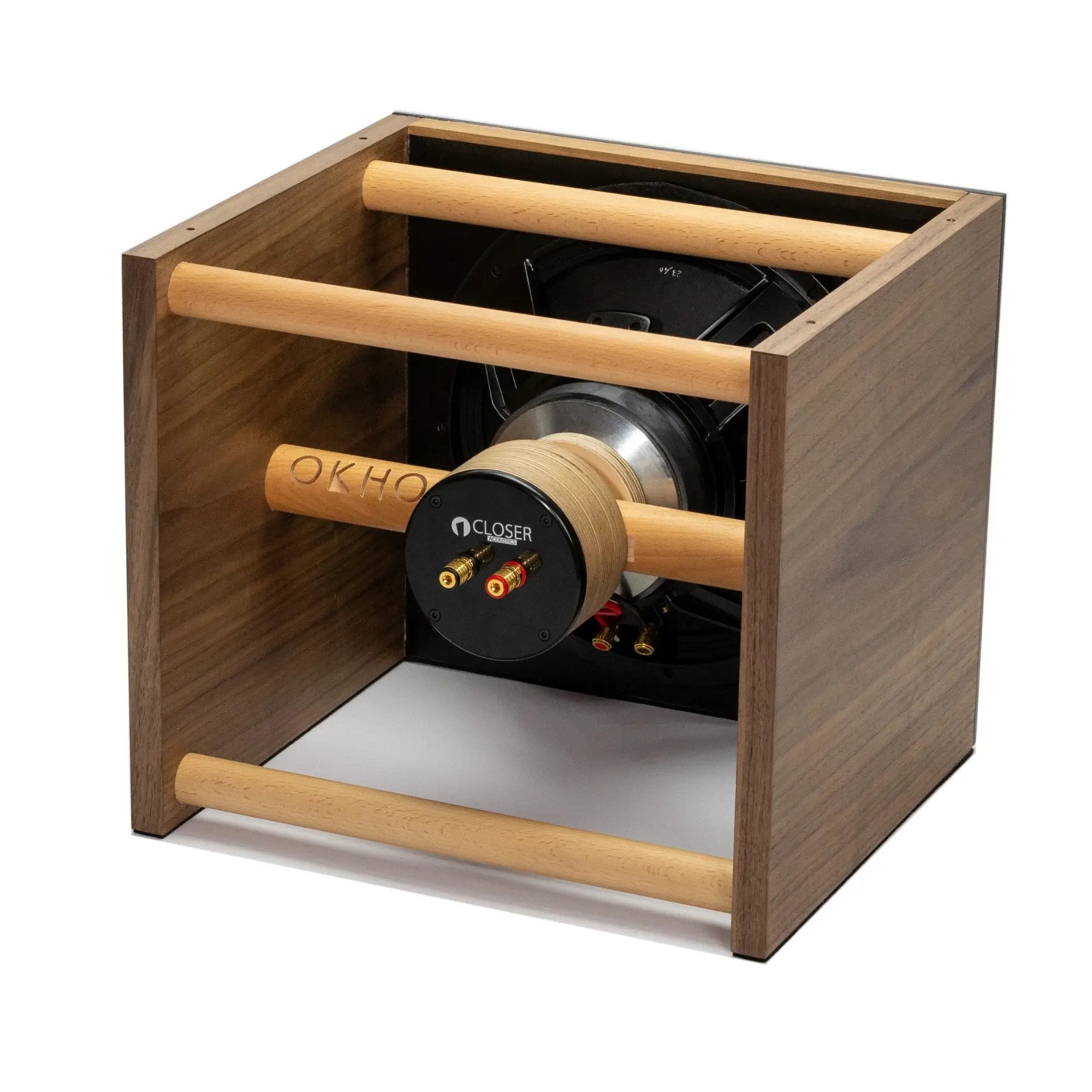 Closer Acoustics OKHO speaker rear view at an angle – highlighting the design, connections, and sleek rear panel construction