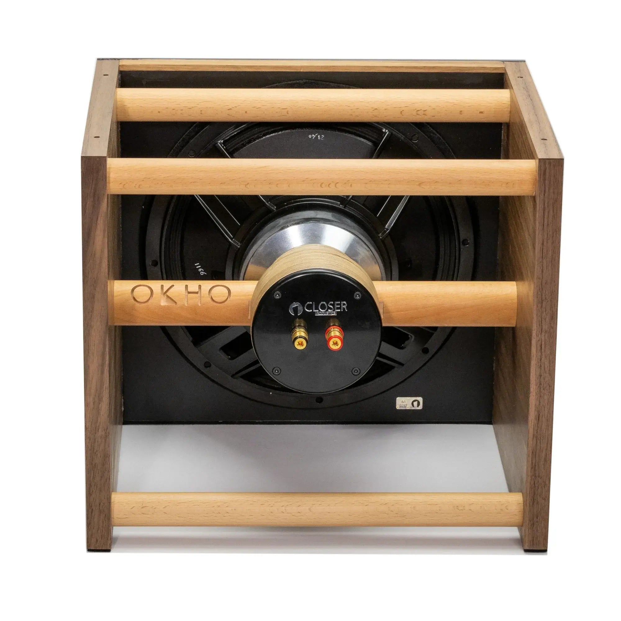 Closer Acoustics OKHO speaker rear view – clean panel with visible connections and premium build for optimal sound performance