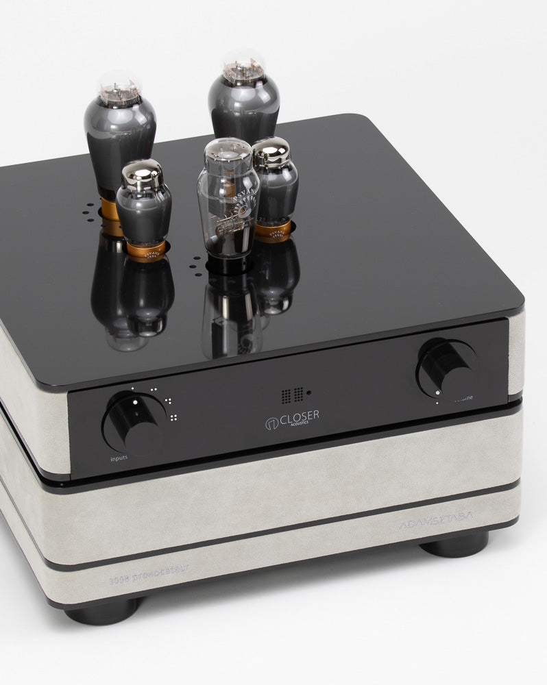 Detailed view of the 300B Provocateur Signature integrated amplifier showing intricate Alcantara texture and controls