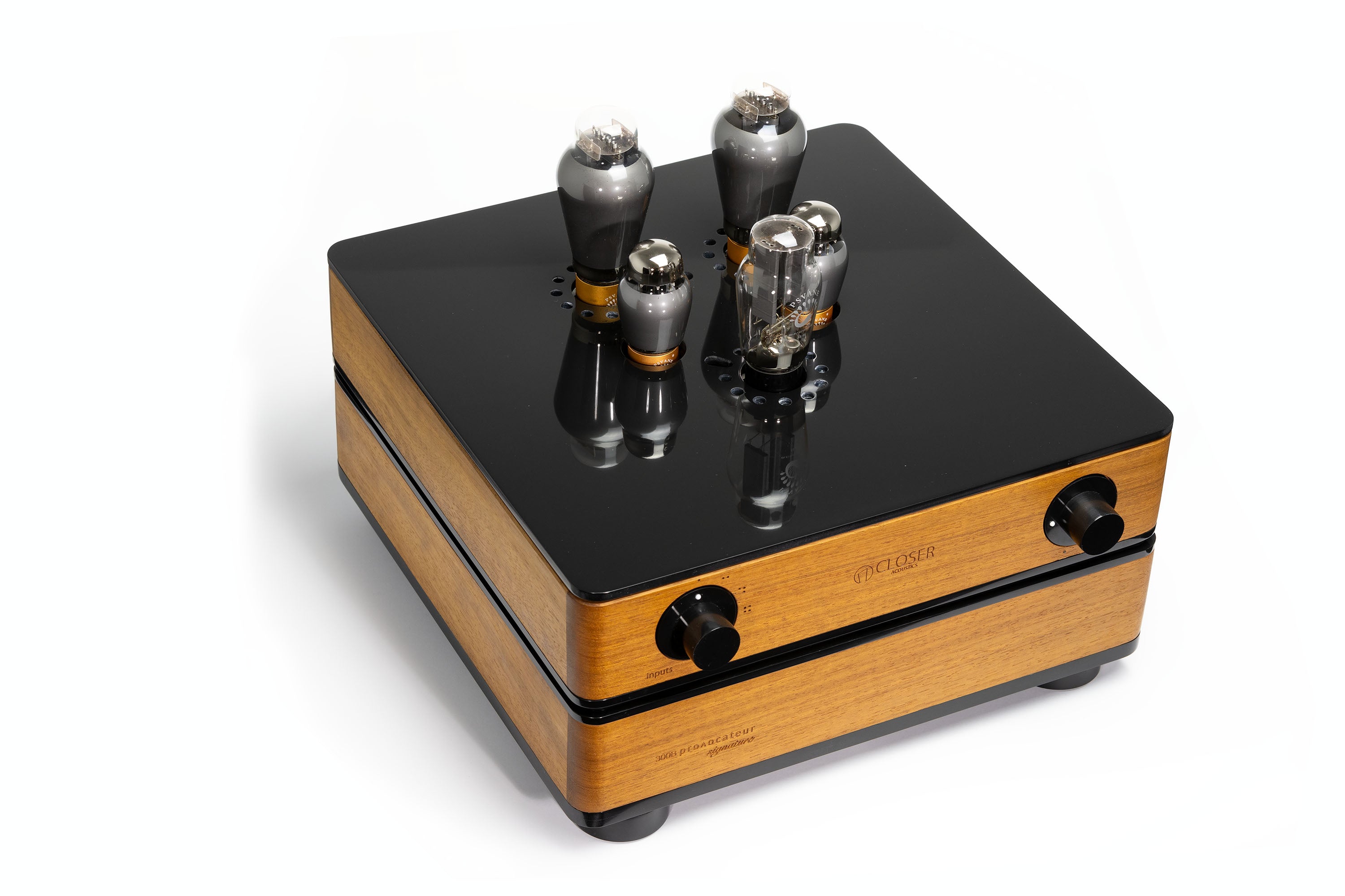 Top-down view of the Closer Acoustics 300B Provocateur Signature integrated amplifier in Iroko finish, offering a clean and modern look.