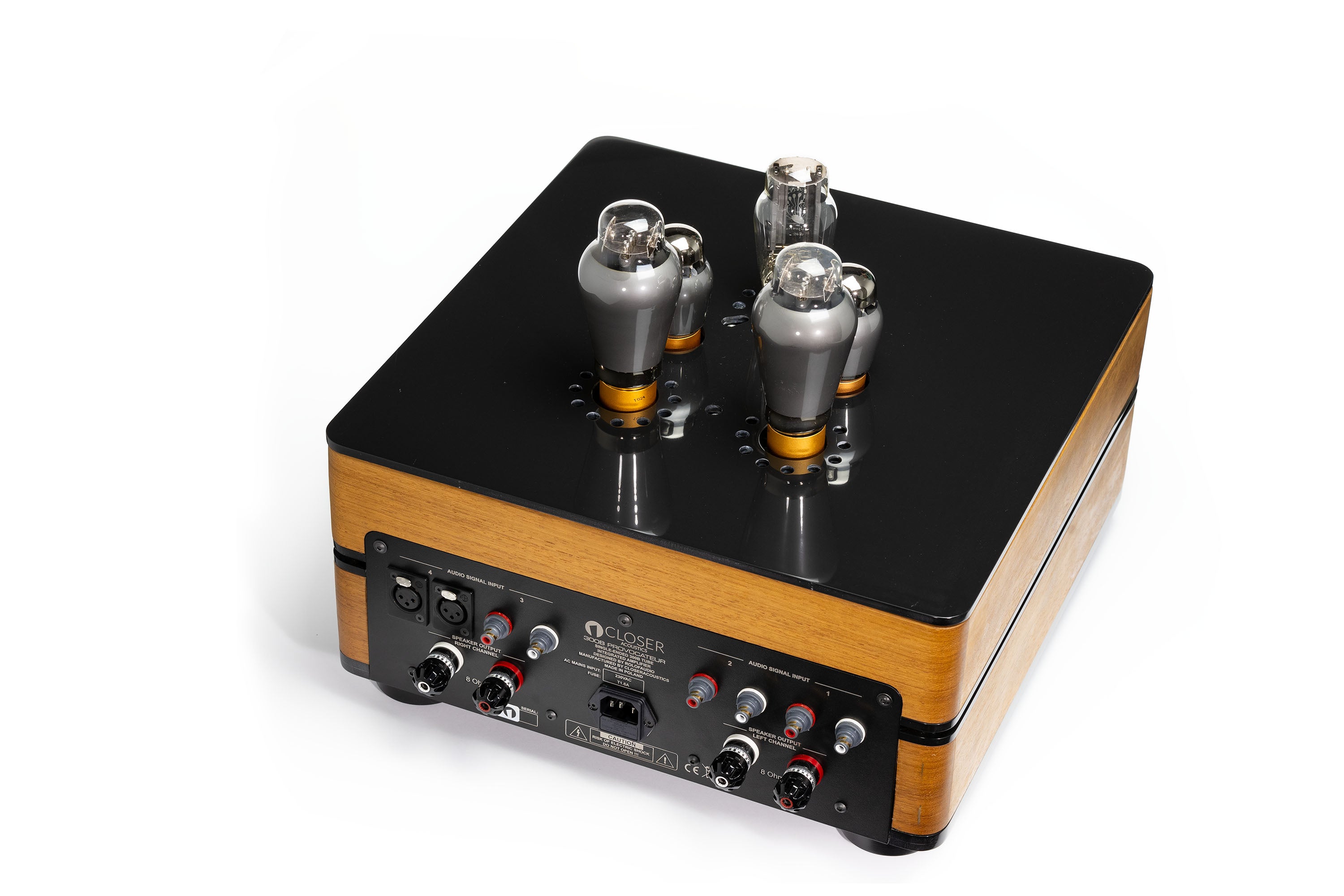 Rear view from above of the Closer Acoustics 300B Provocateur Signature integrated amplifier in Iroko finish, showing the rear panel and design details.