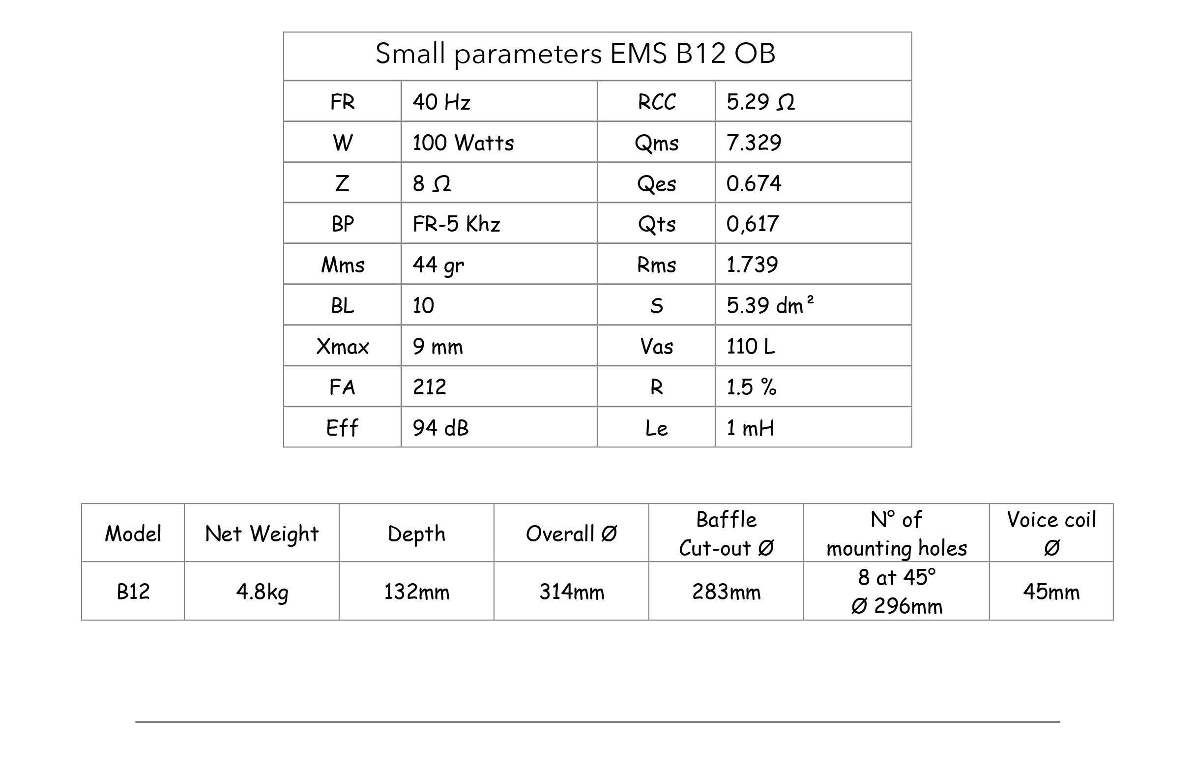 Technical specification table for EMS B12 OB (No1214) bass driver 8 Ohm, detailing key performance metrics such as impedance, frequency response, and power handling capacity