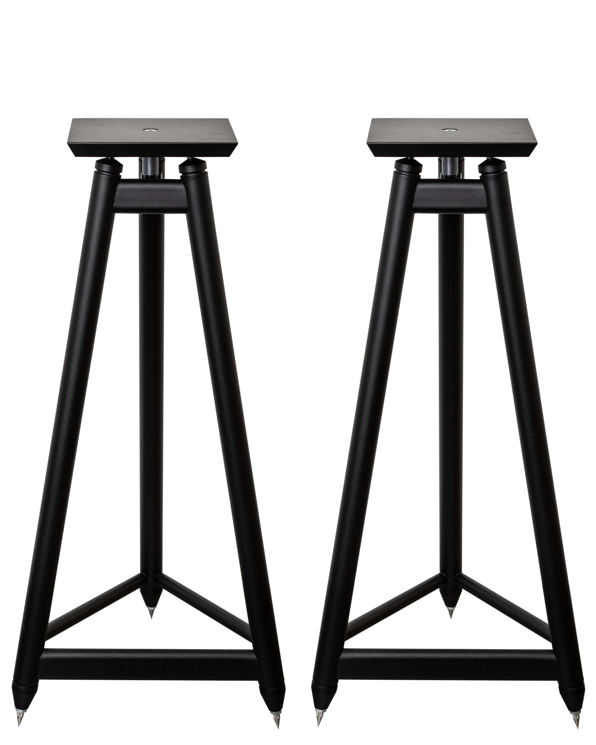 Two black Solidsteel SS-7 speaker stands placed side by side – front view