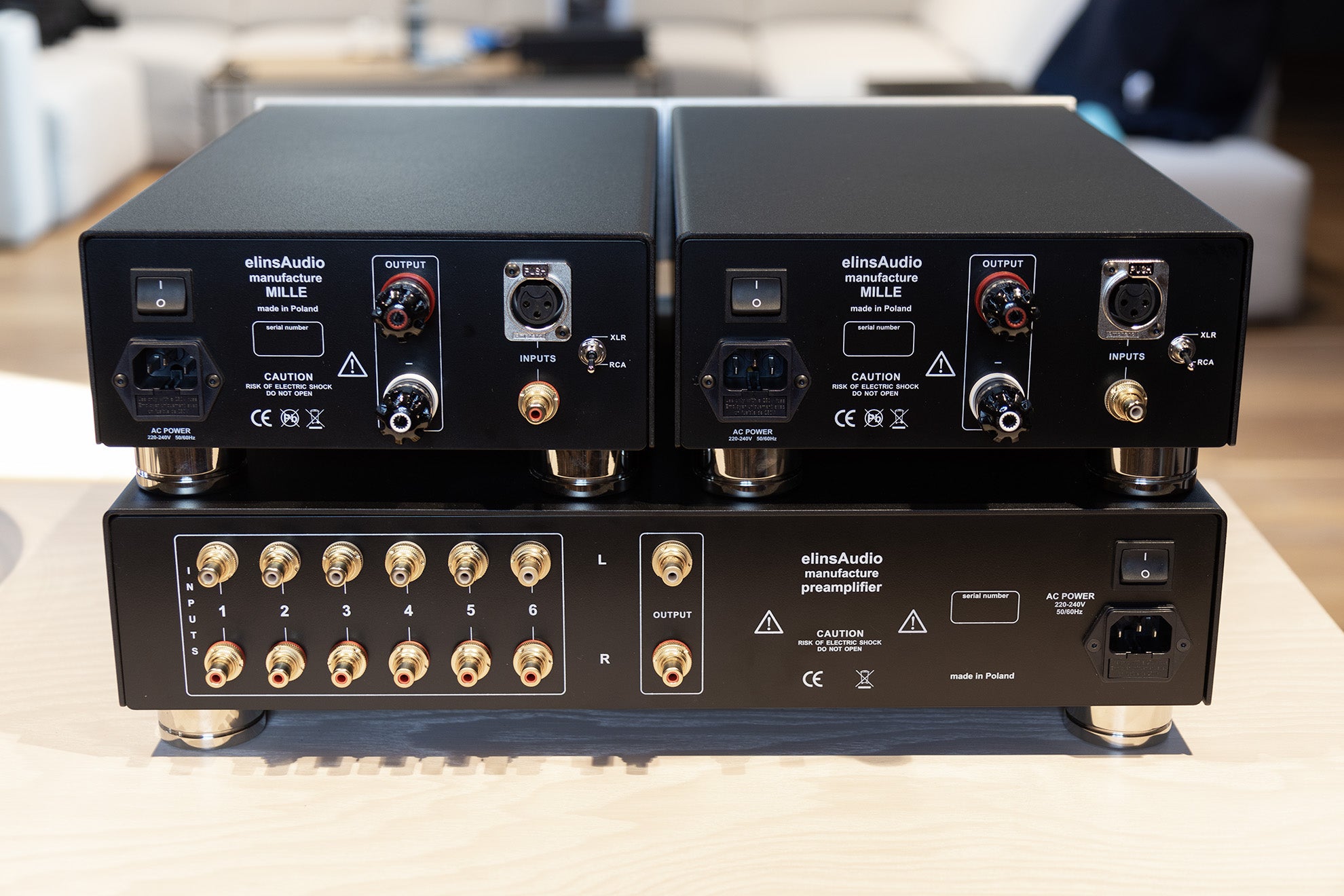 Rear view of the elinsAudio Mille Reference amplifier, highlighting its connectivity options and technical features.