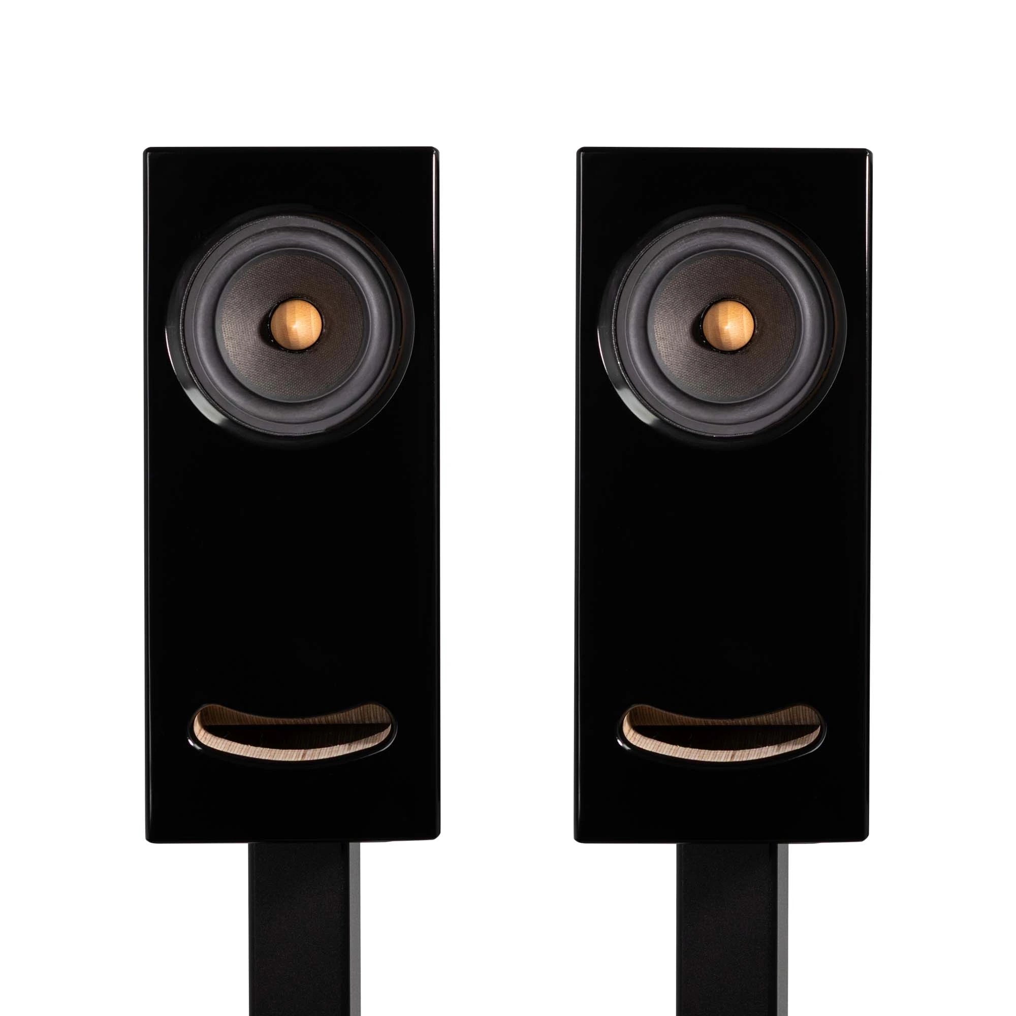 Two Closer Acoustics OGY Bass Artisan Series speakers in black Corian side by side