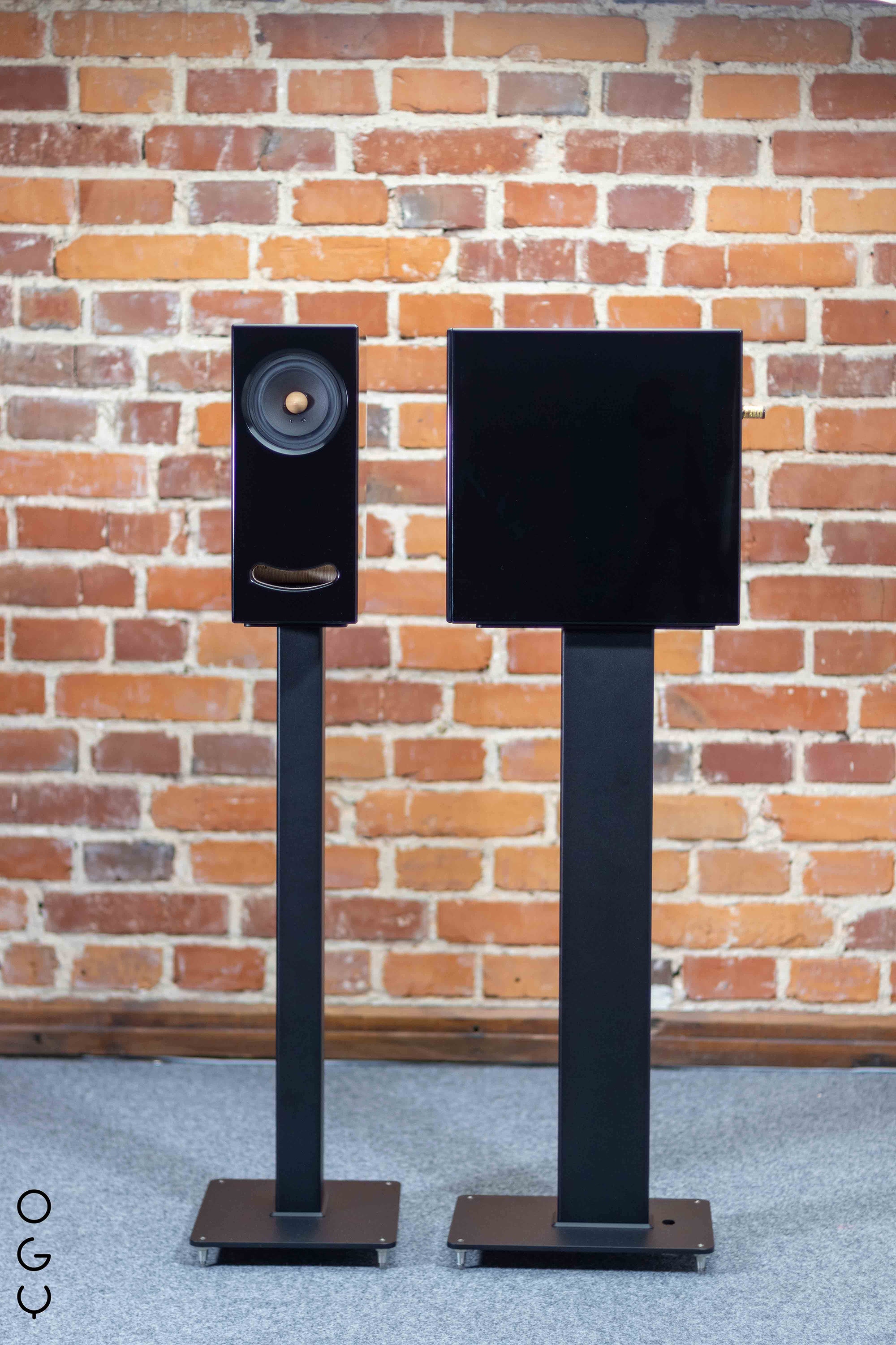 Stands KT 700 with black OGY speakers on display, showing the harmonious pairing and premium look of the setup.