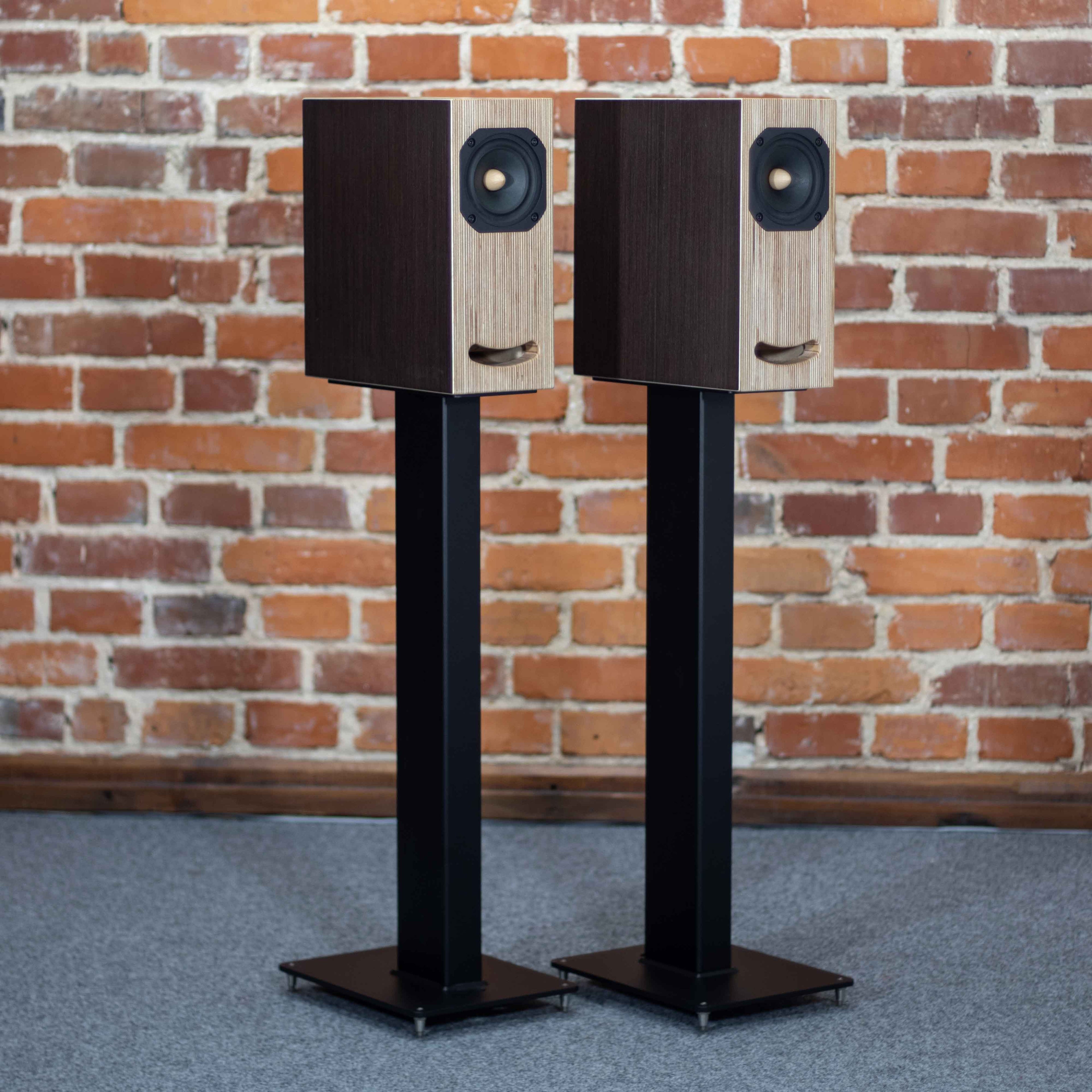 Closer Acoustics OGY speakers Wenge veneer side view on black stands