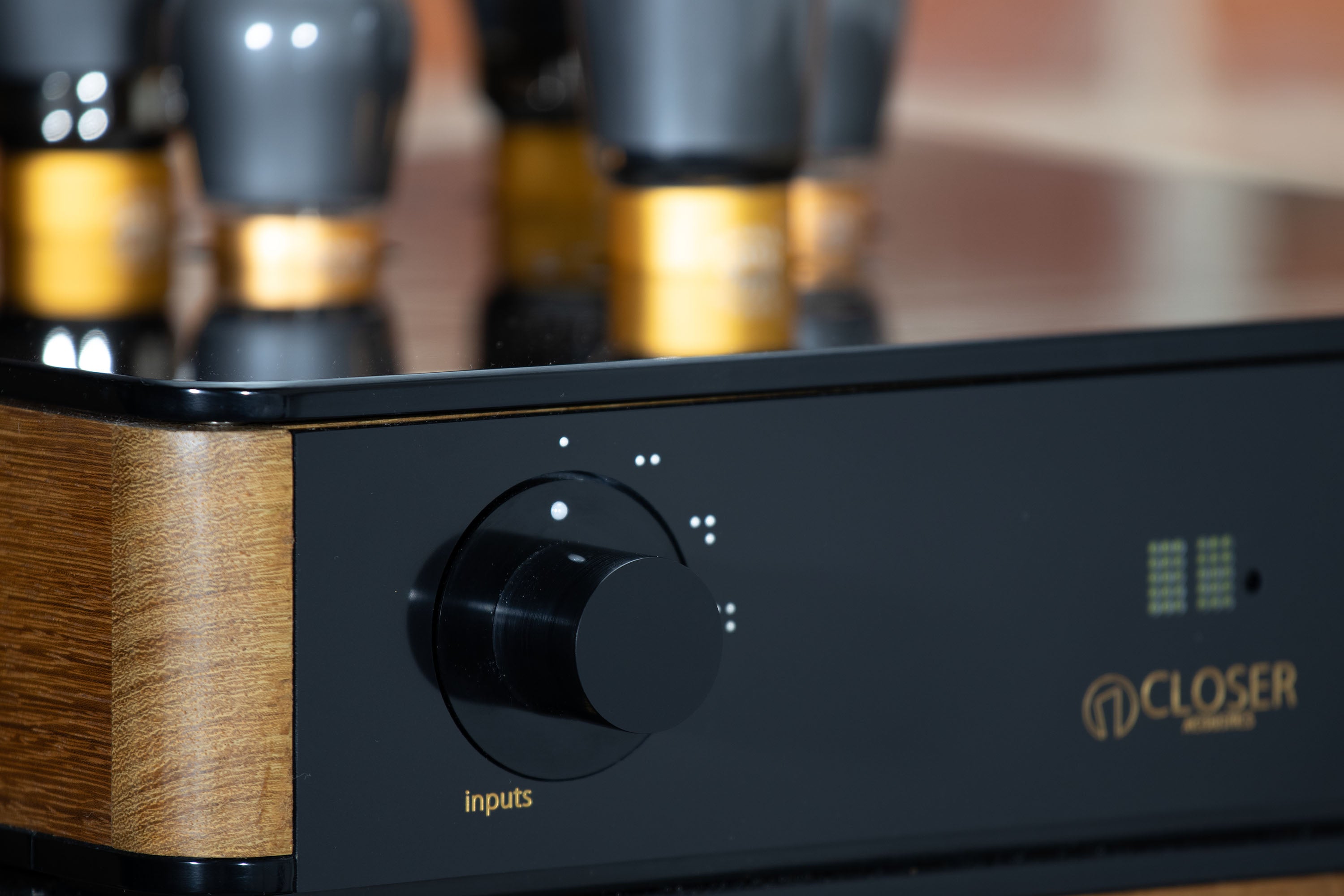 Detail of amplifier control knobs – handcrafted 300B Provocateur