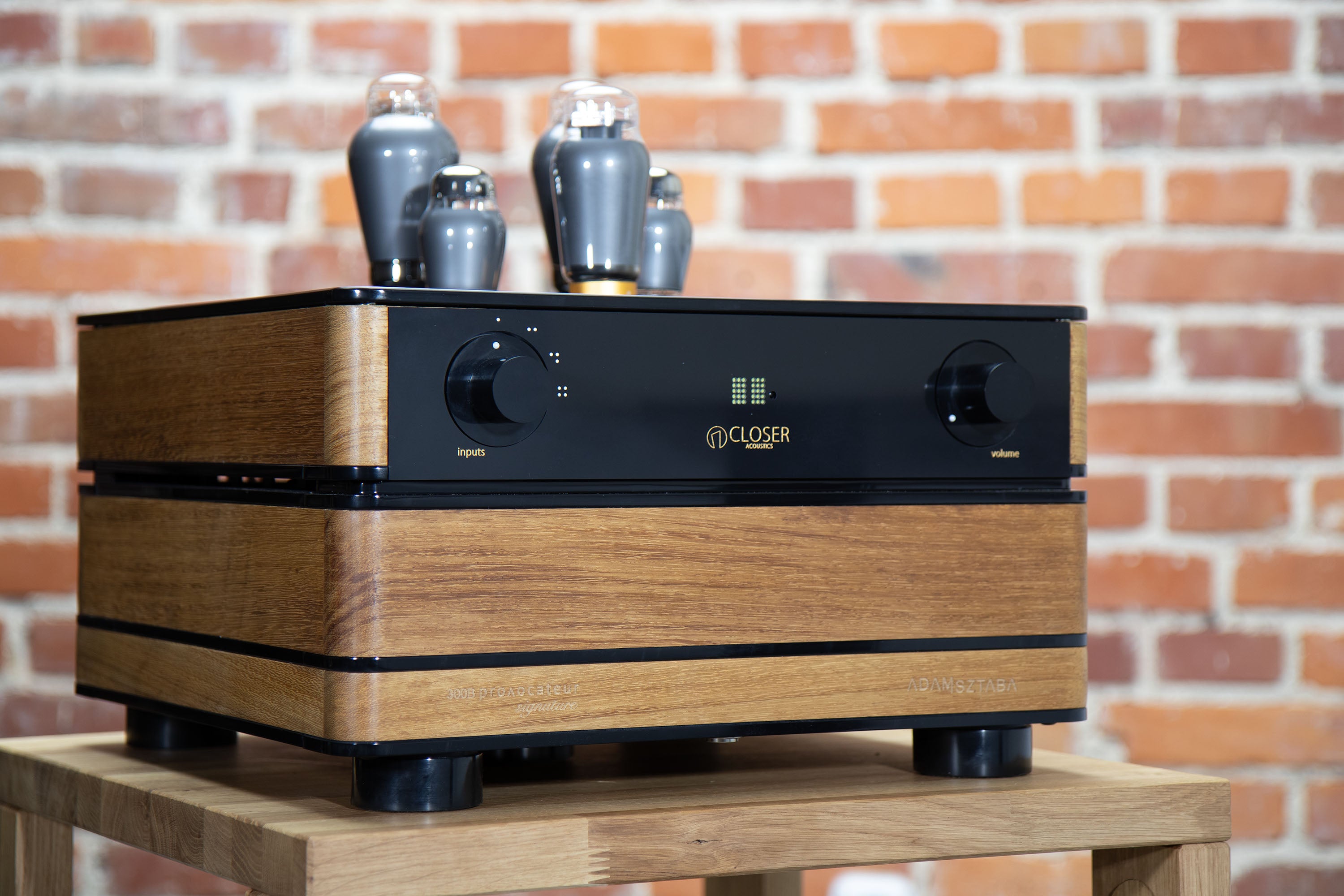 Low angle shot of tube amplifier highlighting chassis design