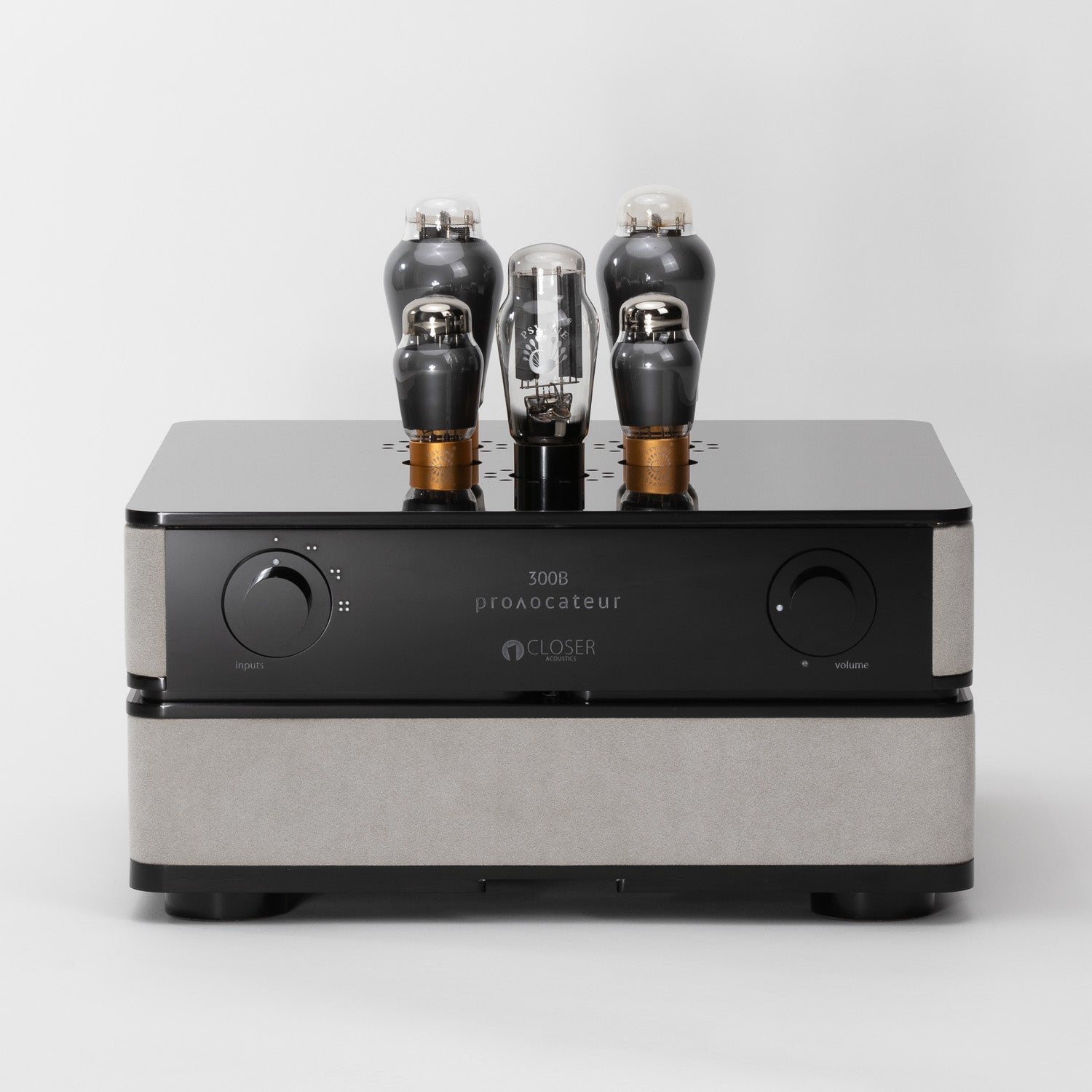 Closer Acoustics 300B amplifier front view with detailed front panel and vacuum tubes for a premium audio experience
