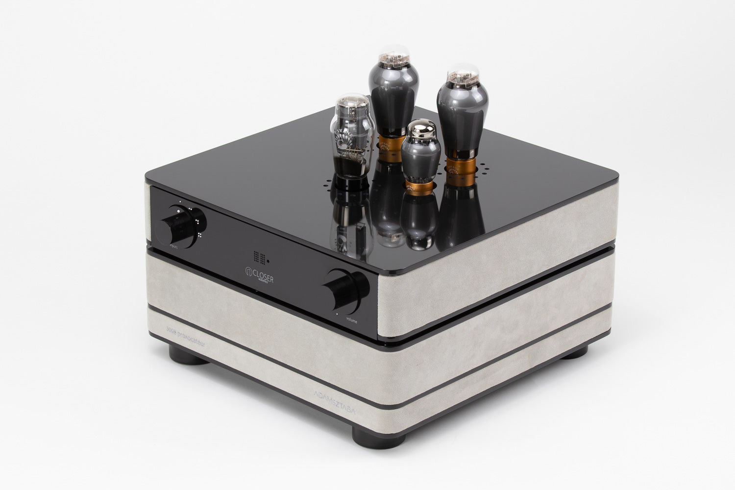 Closer Acoustics 300B Provocateur Signature amplifier – side profile emphasizing Alcantara fabric finish
