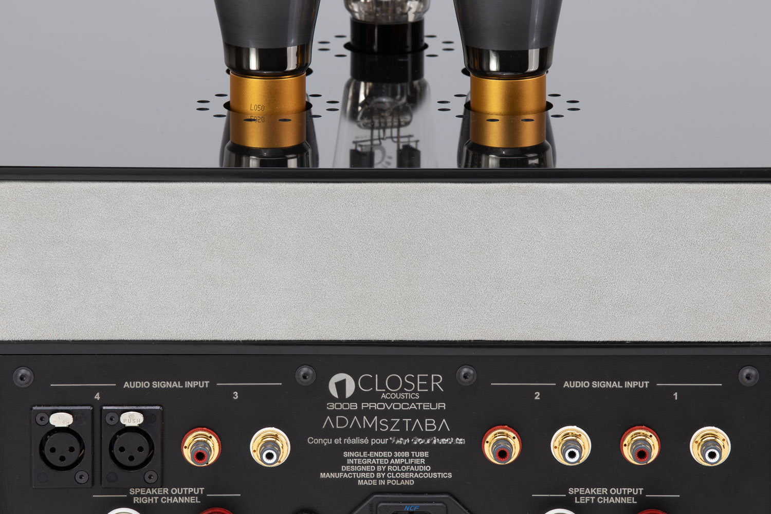 Closer Acoustics 300B Provocateur Signature amplifier – close-up of the rear panel showcasing high-quality connections
