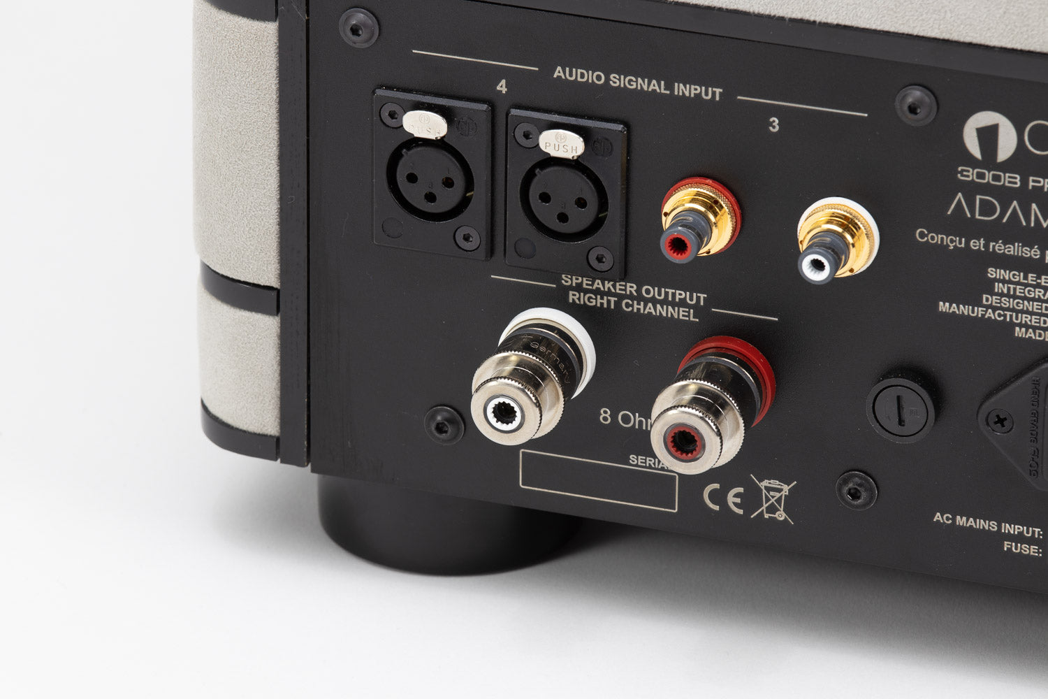 Closer Acoustics 300B Provocateur Signature amplifier – close-up on the elegant Alcantara texture and connection panel