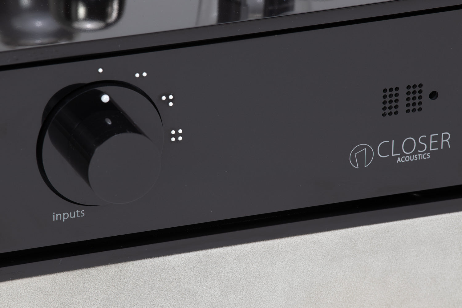 Closer Acoustics 300B Provocateur Signature amplifier with Alcantara finish – close-up on control knobs and fine details