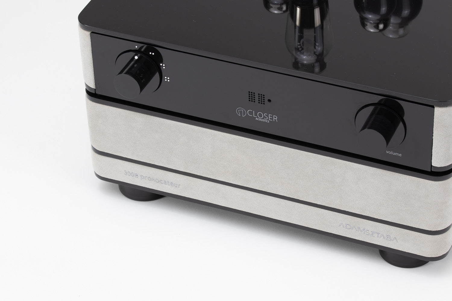 Detailed close-up of the 300B Provocateur Signature integrated amplifier with its sleek Alcantara finish
