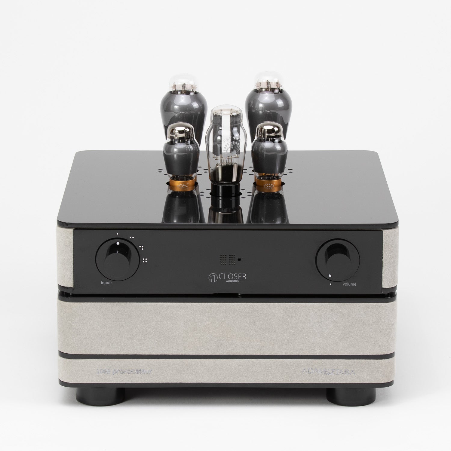 Closer Acoustics 300B Provocateur Signature integrated amplifier – front view with Alcantara finish highlighting premium design