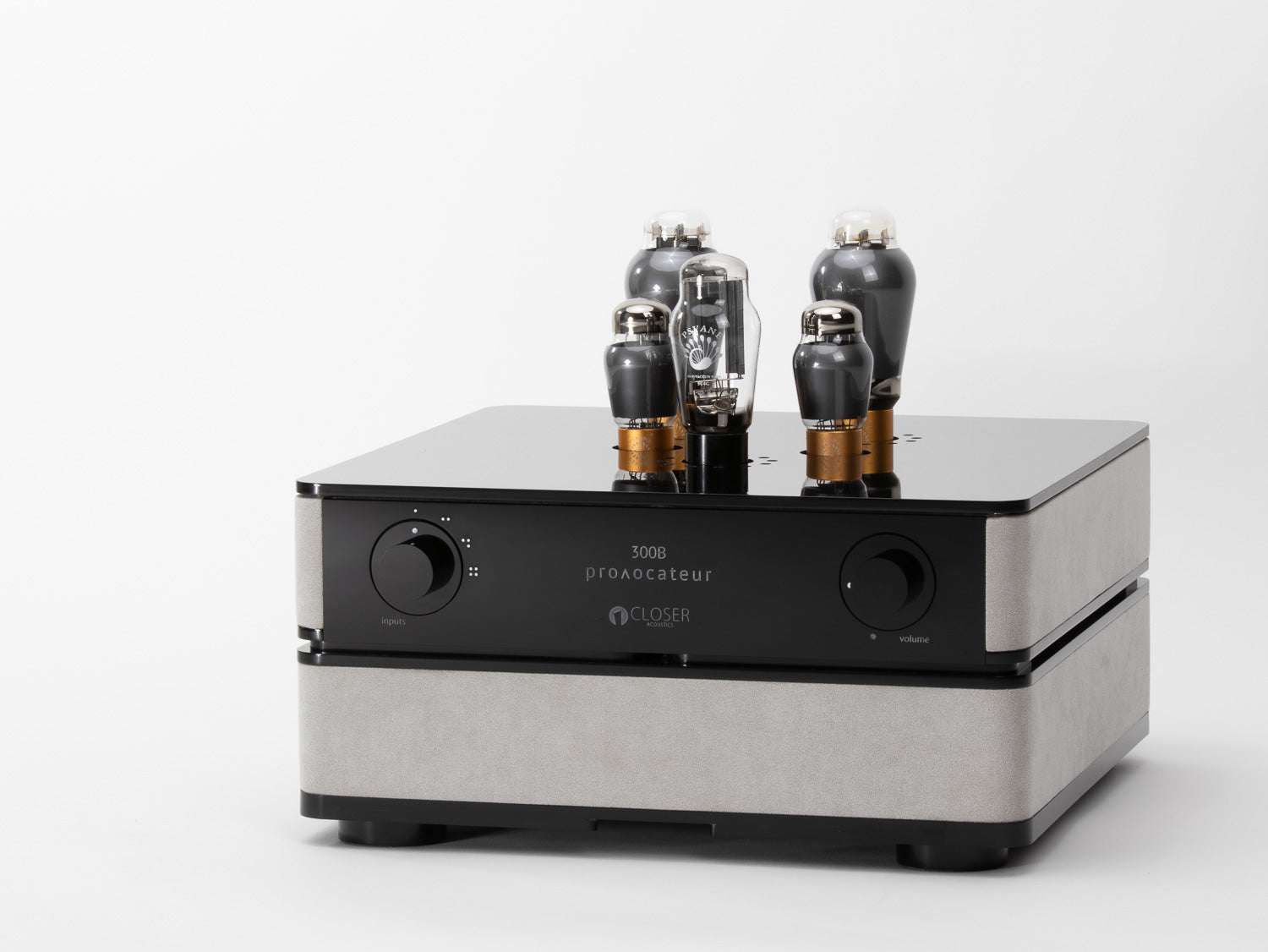 Closer Acoustics 300B amplifier side view showing sleek profile and premium alcantara wood finish