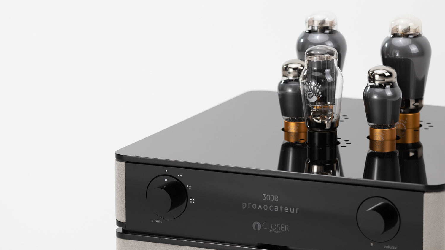 Closer Acoustics 300B amplifier close-up of upper panel detailing high-end finish and fine-tuned controls