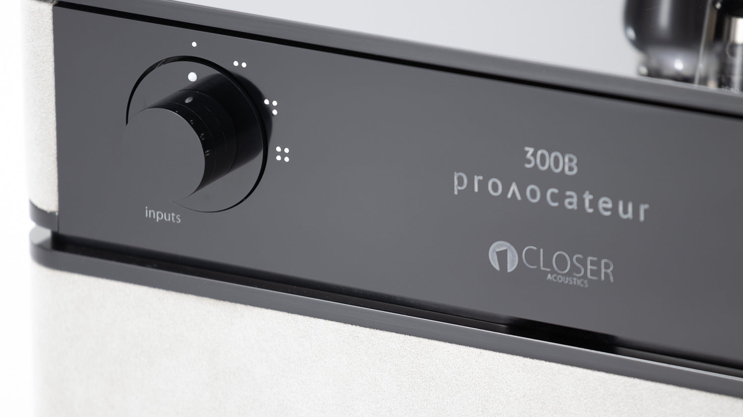 Closer Acoustics 300B amplifier close-up of control knobs, emphasizing precision and user-friendly design