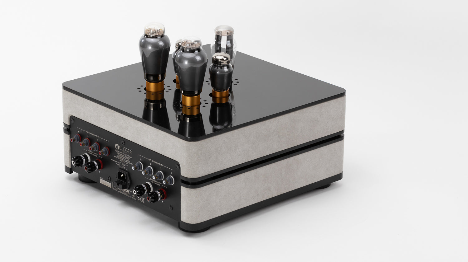 Closer Acoustics 300B amplifier full side view showcasing elegant construction and stylish design elements