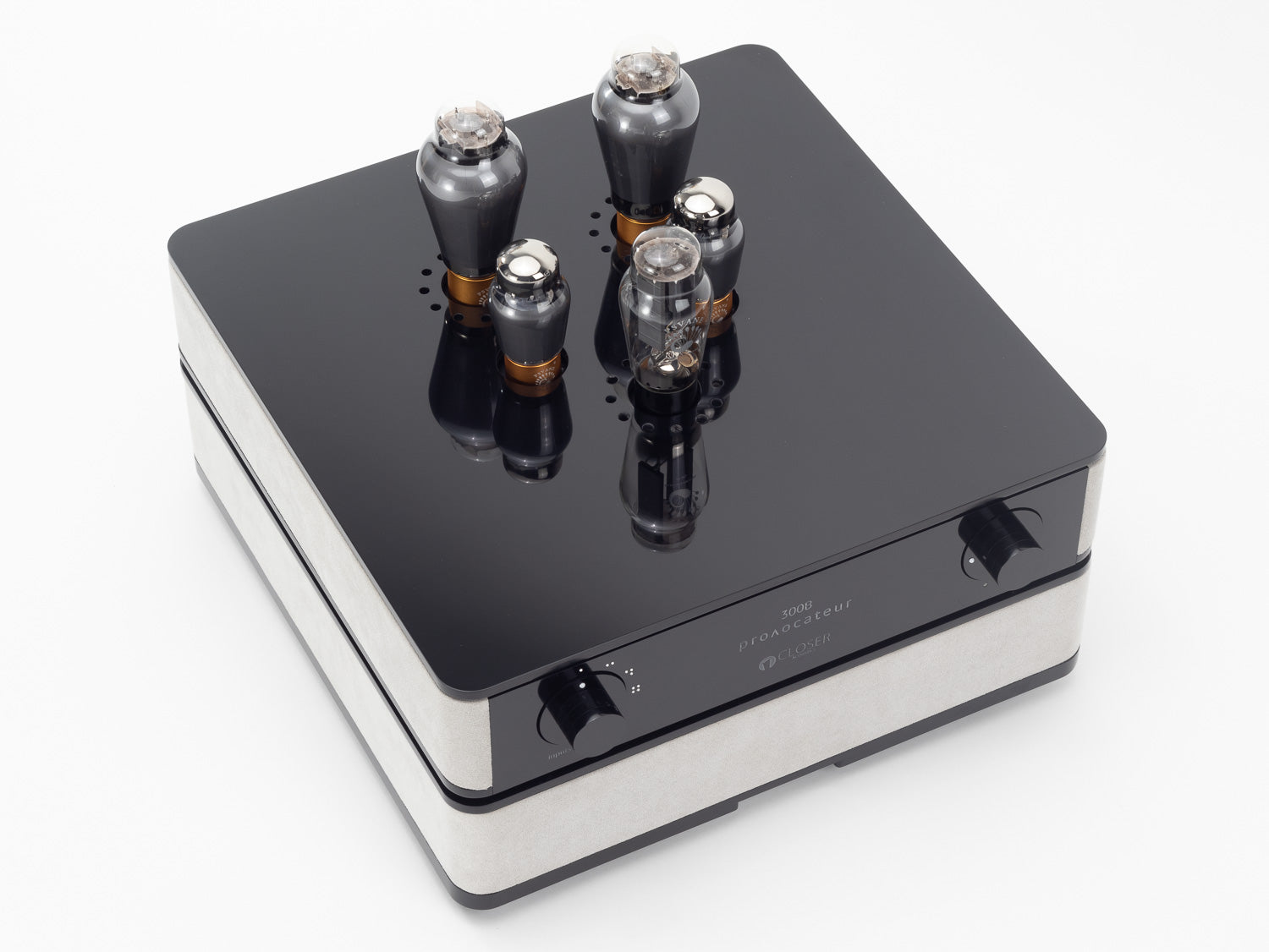 Closer Acoustics 300B amplifier corner view showing meticulous craftsmanship and high-end audio engineering