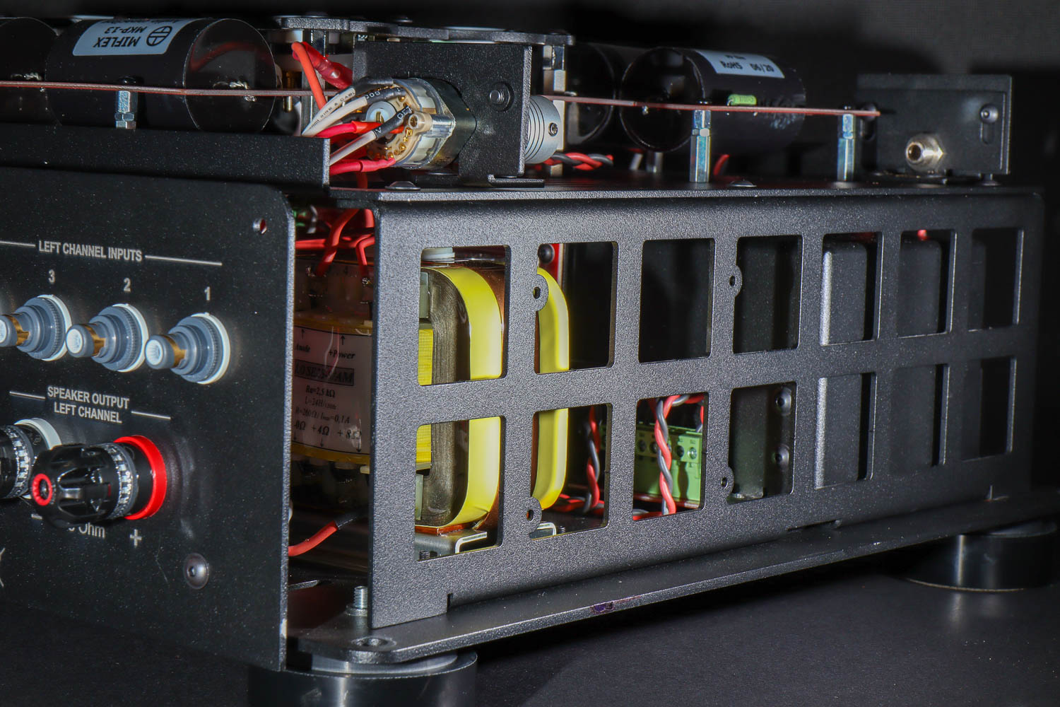 Closer Acoustics 300B amplifier technical interior details close-up, showcasing precision engineering and advanced audio features