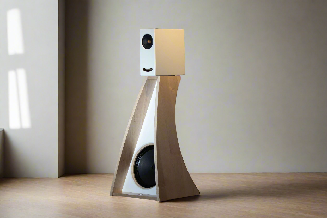 Designer speakers, the Full OGY white Corian and maple, showcased in an empty room, emphasizing their sleek design and premium build.
