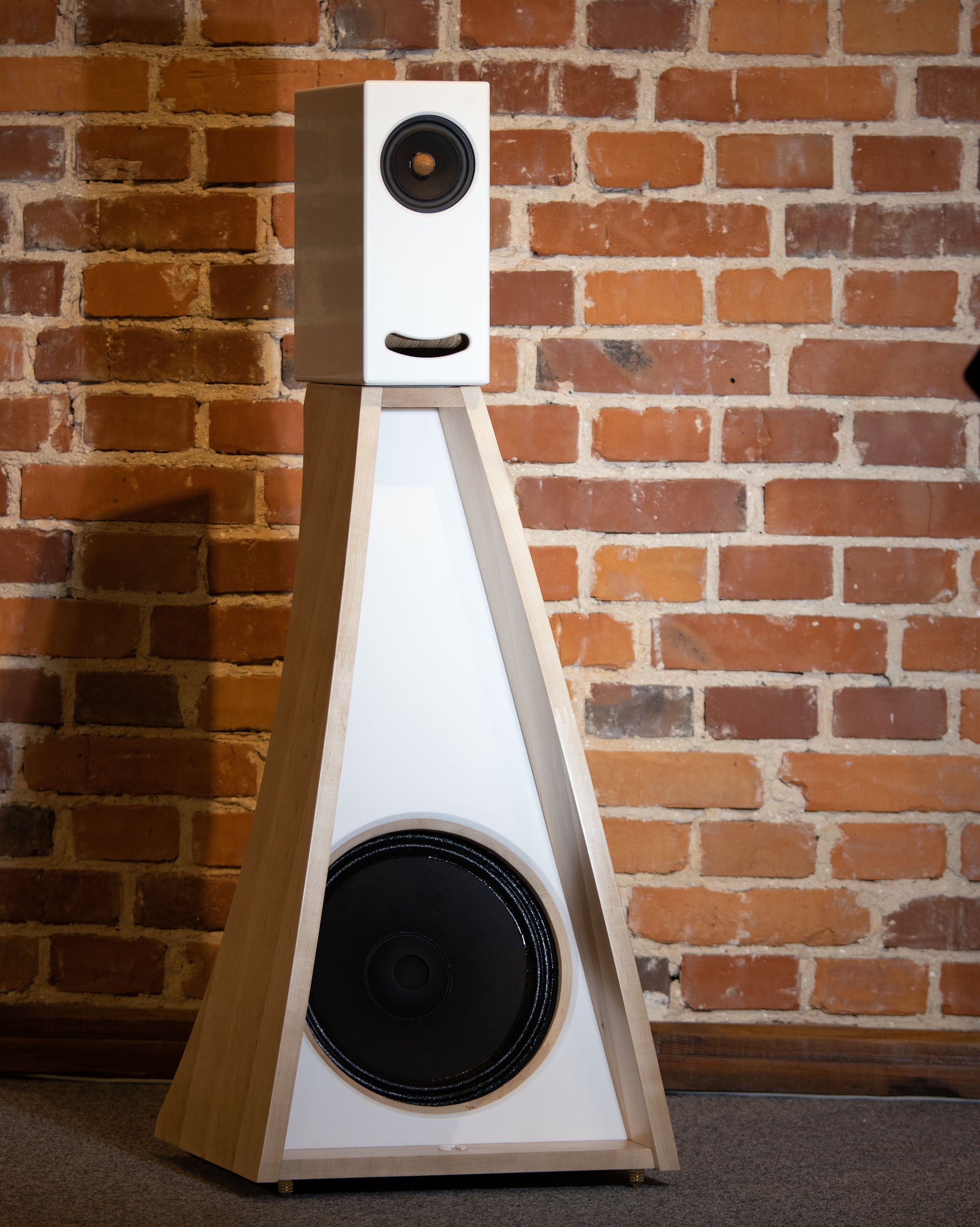 Closer Acoustics The Full OGY loudspeakers - White fronts with Maple veneered sides, showcasing elegant design and premium finish.
