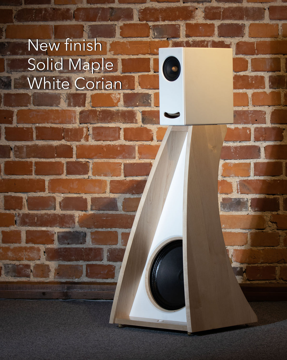 Front view of the Closer Acoustics The Full OGY Loudspeaker Set – Pair in solid maple finish, showcasing the sleek, elegant design and premium build quality
